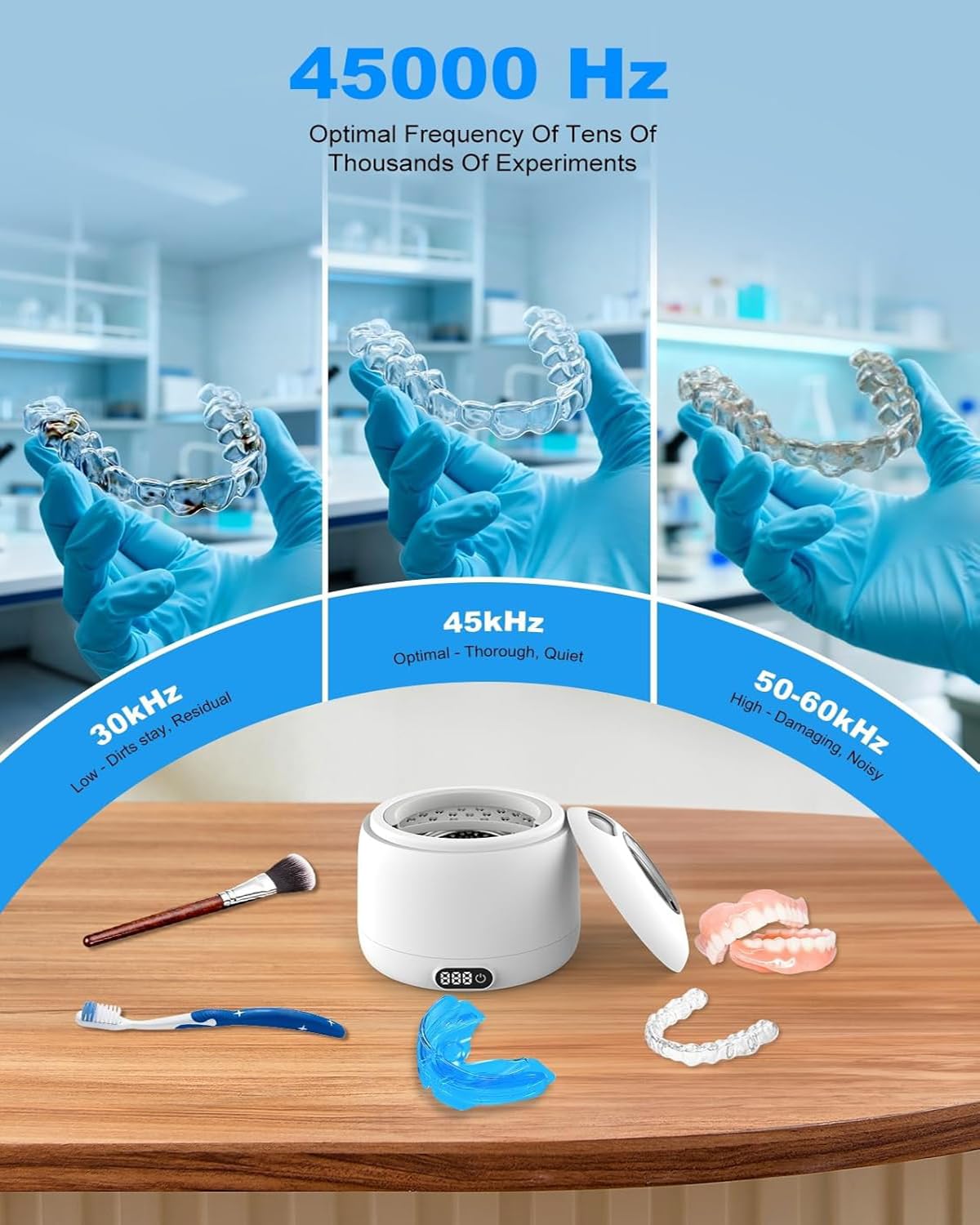 Voraiya Nettoyeur Ultrasons Dentaire IPX7 Etanche Ultrasonic Cleaner Base & Dental Pod Amovible Nettoyant Ultrason avec 2 UV Lampes pour Prothèses Dentaires, Gouttière Dentaire, Retainer, Bijoux