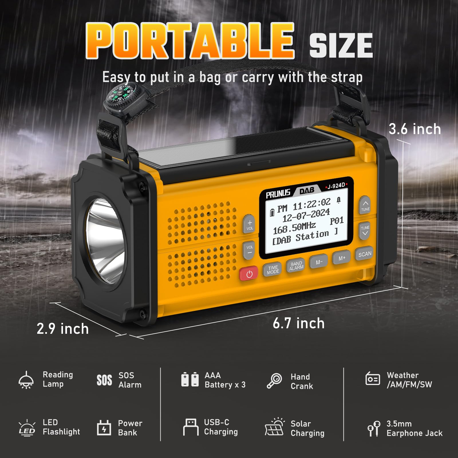 PRUNUS J-924 DAB Radio Portatile Emergenza Solare FM, Radiolina a Manovella Dinamo con Batteria da 10000 mAh, Radio a Pile con Torcia e Luce da Lettura/Allarme SOS per Ourdoor, Emergenza (Giallo)
