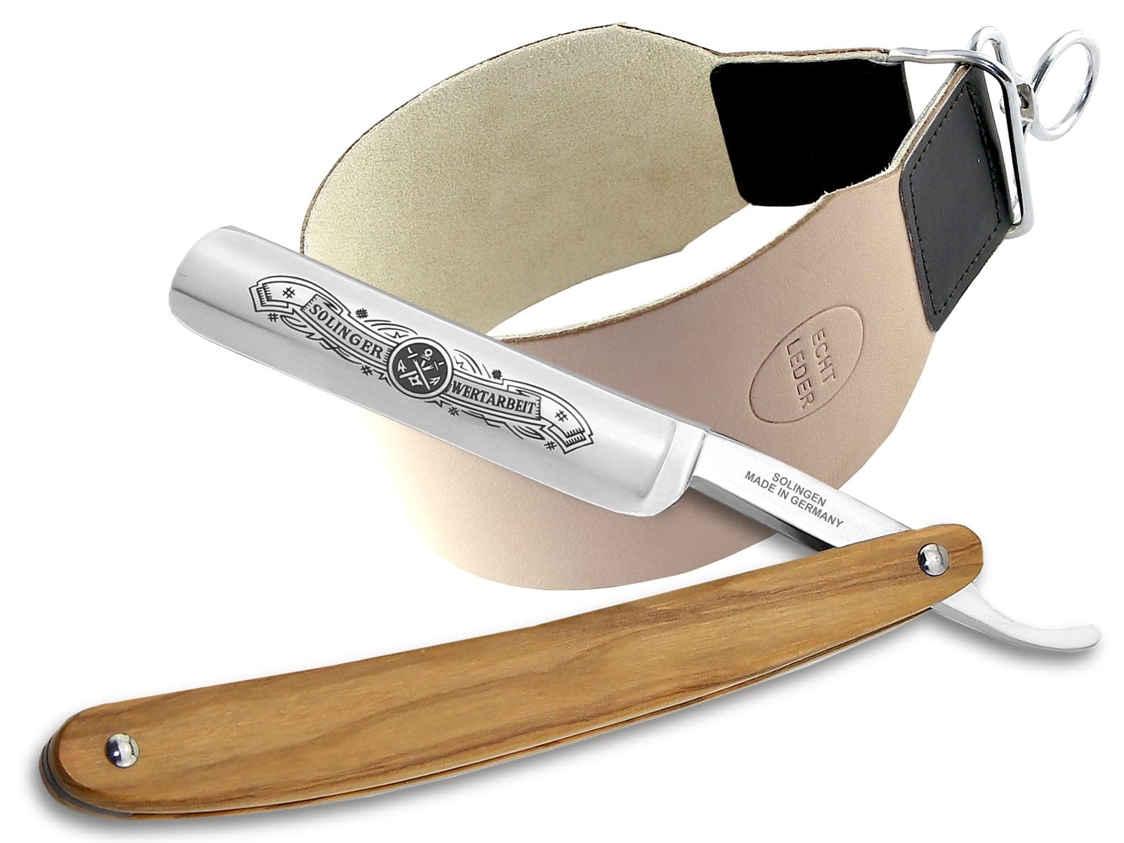 Solinger Bartmesser Set mit extra breitem Streichriemen und Olivenholz Heft | Rasiermesser Set für die klassische Nassrasur und präzisen Bartpflege - Made in Germany - Eine Handwerkskunst aus Solingen