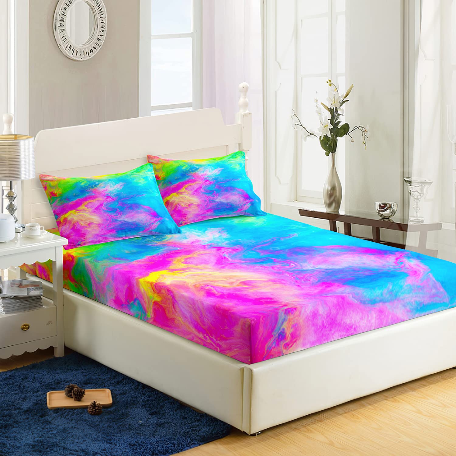 AILONEN Tie Dye Fitted Sheet Twin Size, Superior Colorful Hiphop Style Bed Sheets for Girls Teens Kids,Gypsy Bedroom Sheet Set,Bedding Decor Set,1 Fitted Sheet and 2 Pillow Case,3 Piece