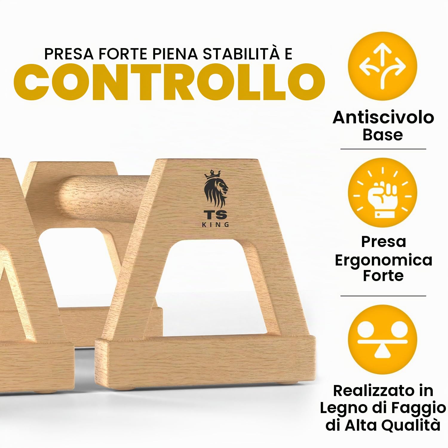 TS King Calisthenics Equipment Calisthenics Equipment - Set di 2 maniglie per flessioni in legno di faggio FSC, portata fino a 300 kg, antiscivolo e delicate sulle articolazioni