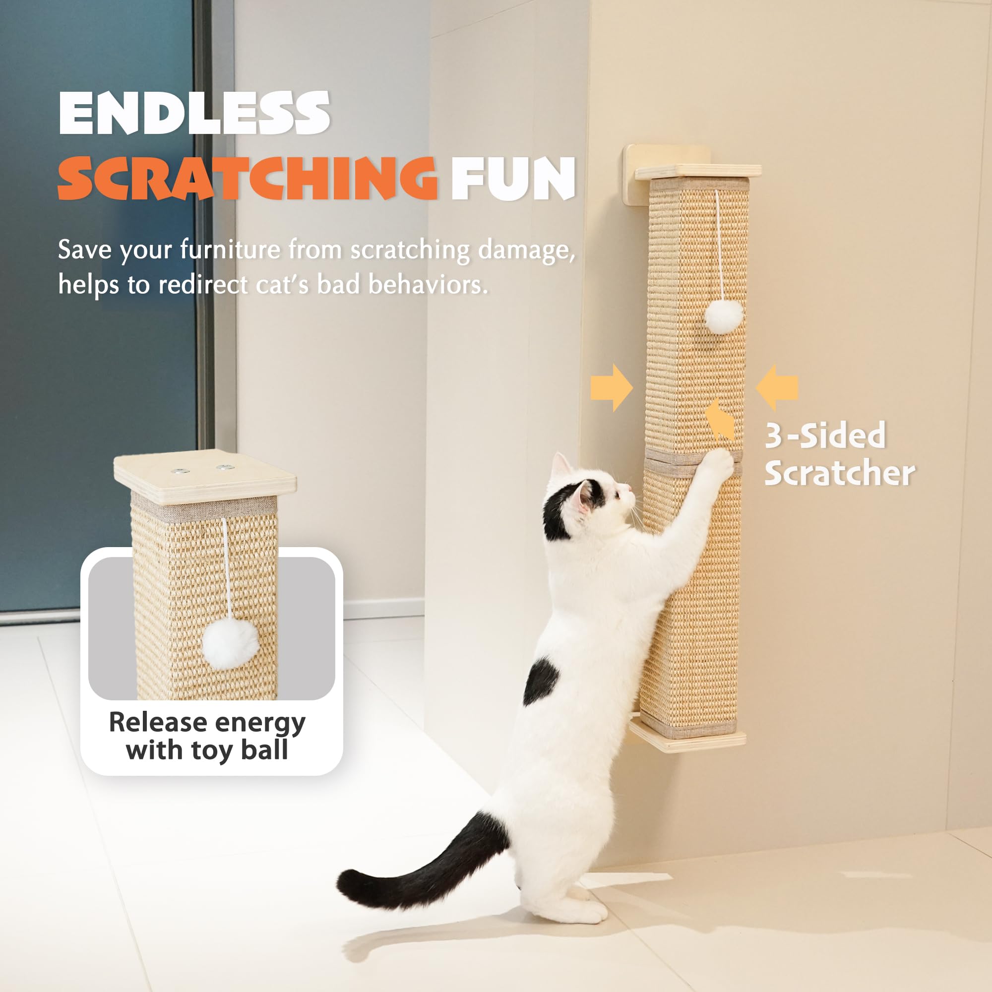 PETKARAY Poste rascador montado en la pared, poste rascador de sisal de 30 pulgadas para gatos de interior, rascador cuadrado para gatos con bola de juguete, almohadilla grande para rascar sisal