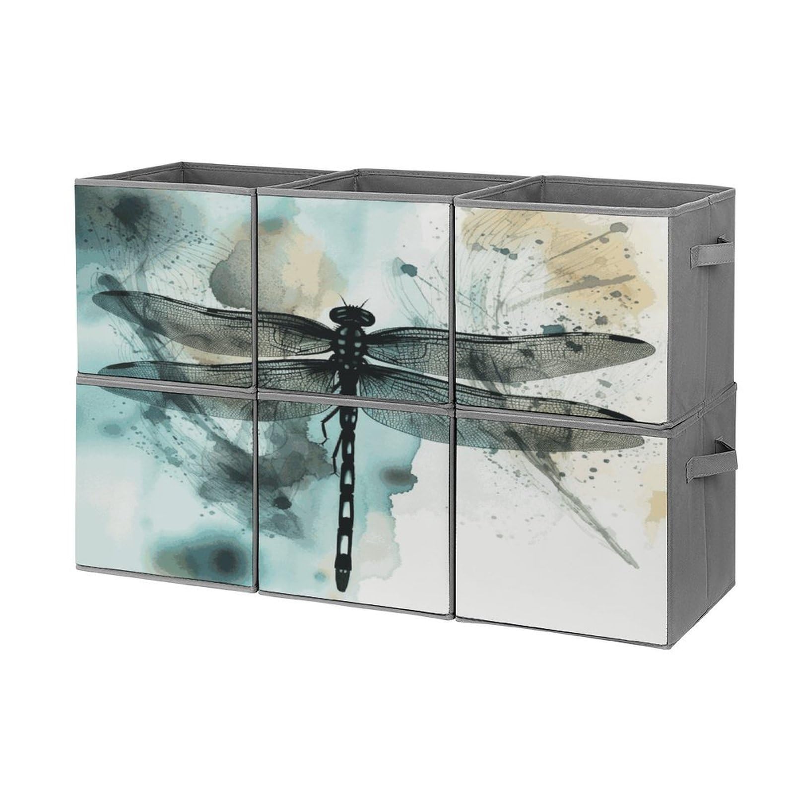 Btcowzrv Style Ink Dragonfly Storage Cubes, 6 Pack Oxford Fabric Foldable Collapsible Bins With Handles, Cubby Storage Baskets Boxes For Closet Shelves Office Organization
