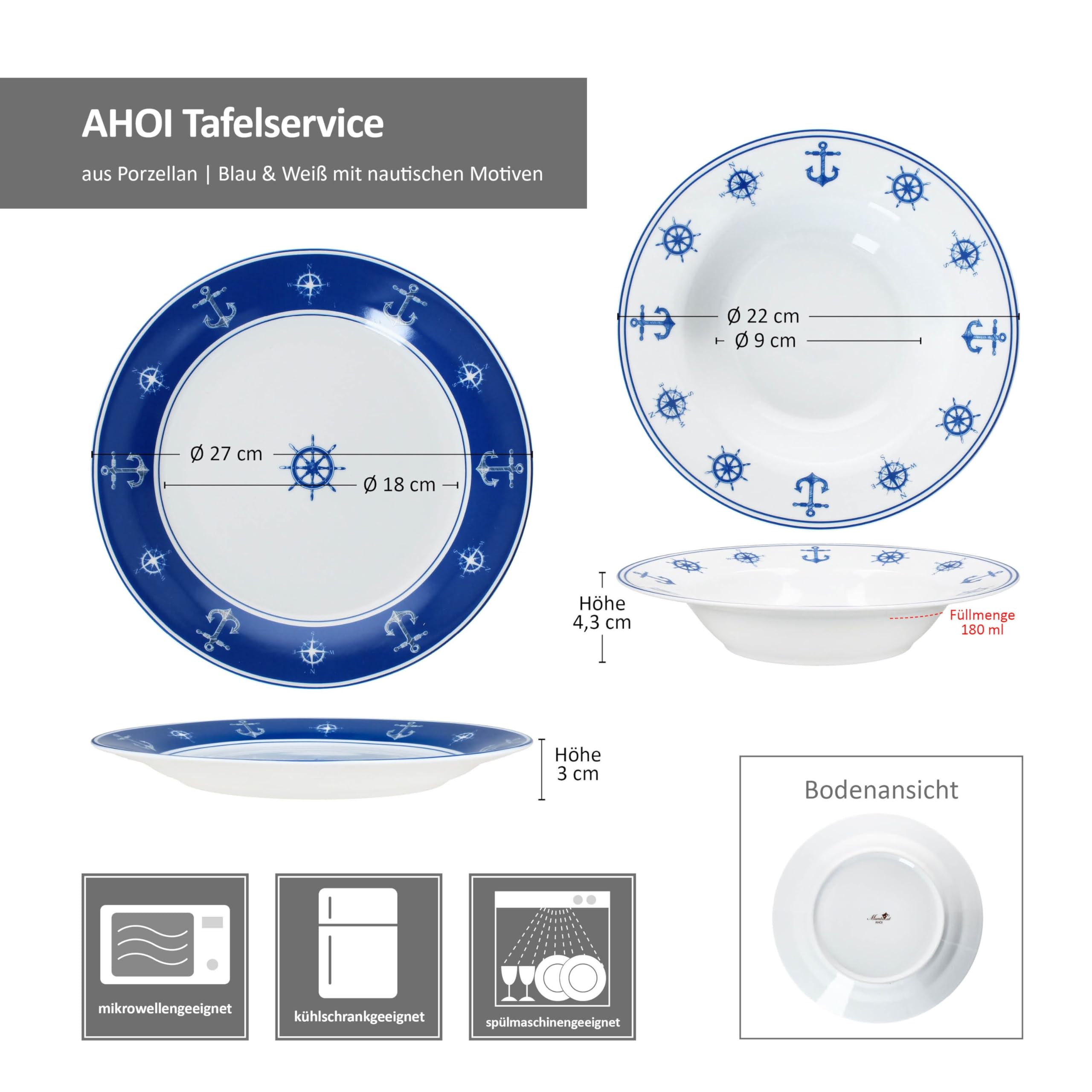 MamboCat AHOI 12tlg Tafelservice I blau-weißes Porzellan-Geschirr mit nautischen Motiven Anker & Co für 6 Personen I 6X Suppenteller & 6X Speiseteller für Frühstück, Mittag & Abendbrot
