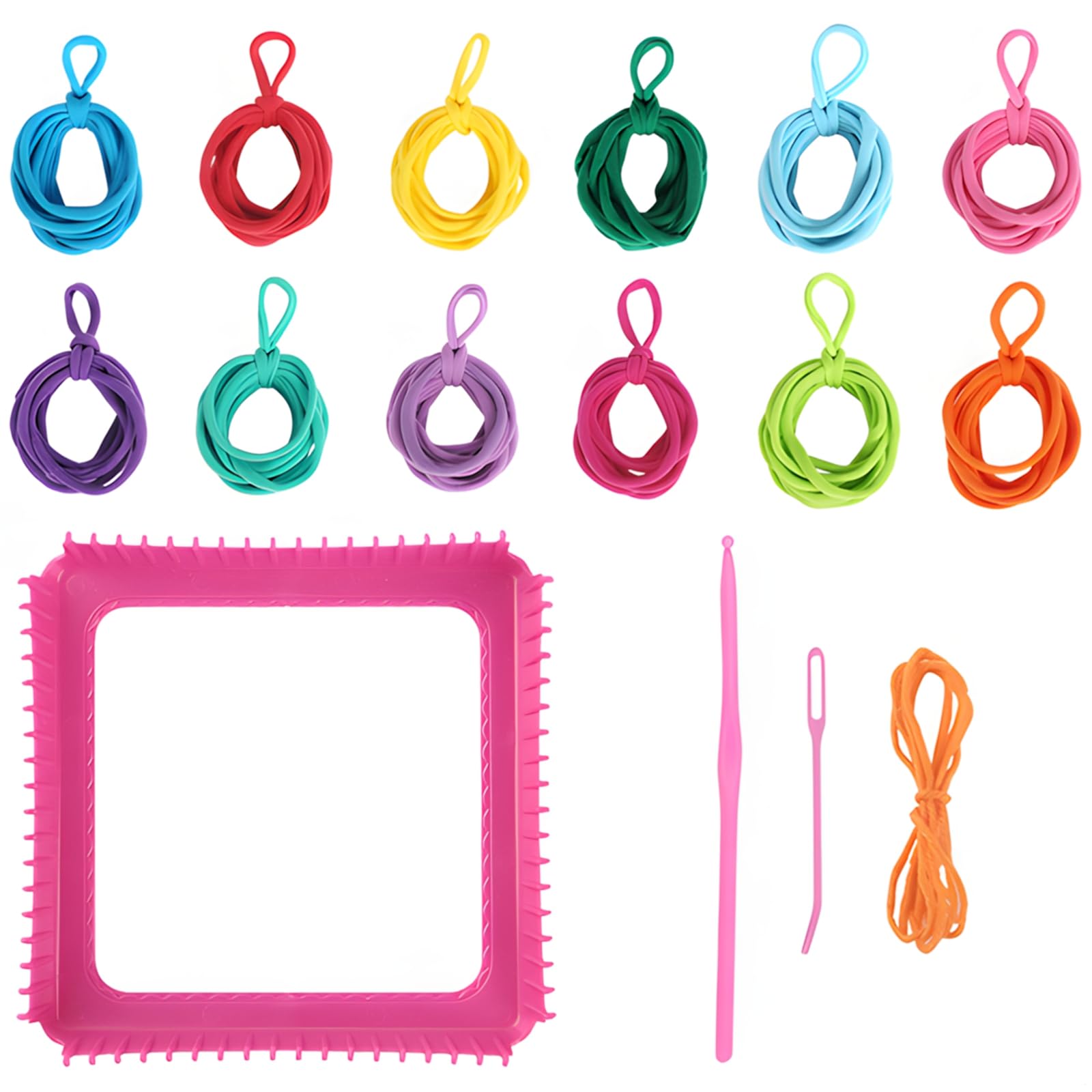 384 Stück Schlaufen in 12 leuchtenden Farben, komplett mit Webrahmen und Häkelnadel, ideal für Armbänder, Untersetzer, Topflappen