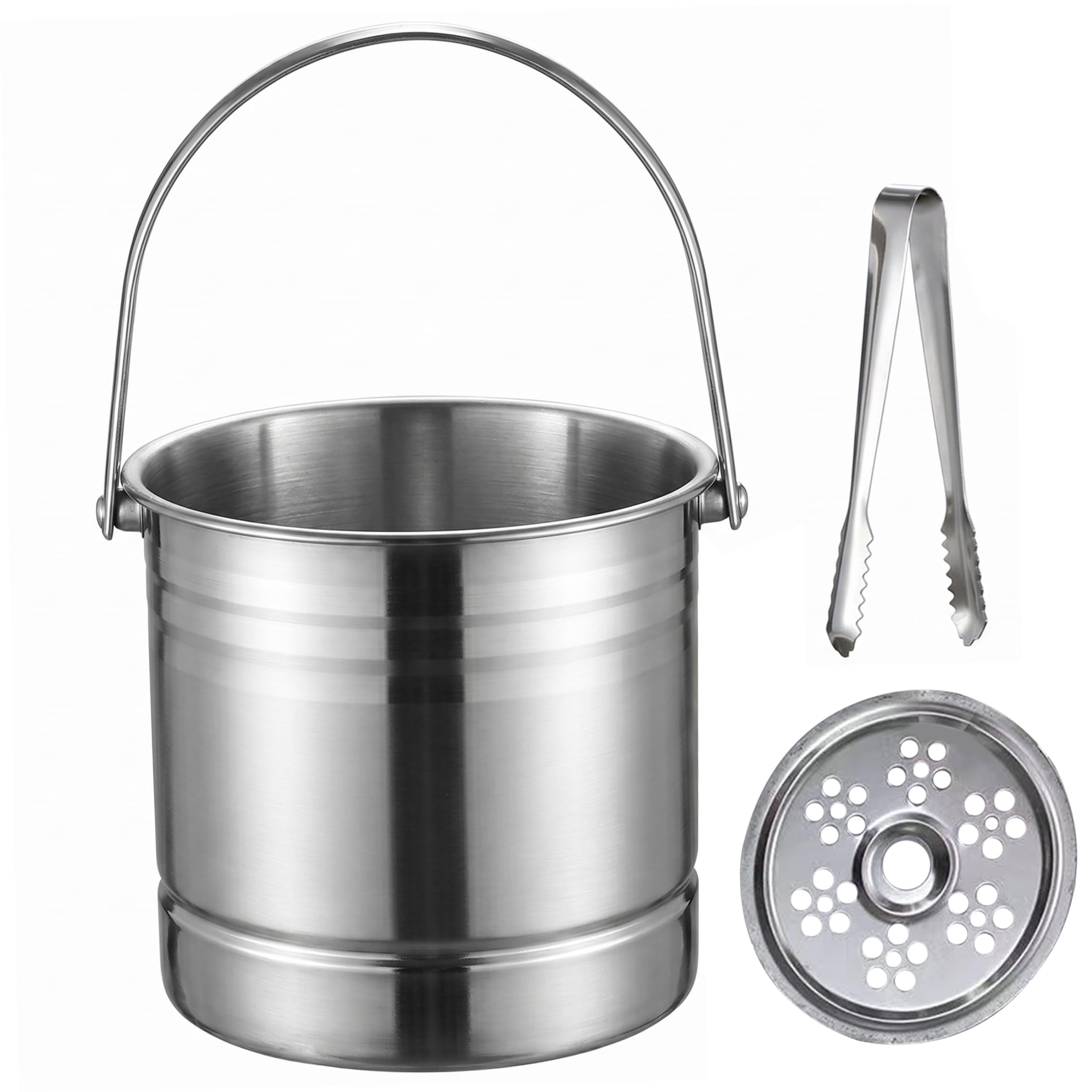 Gemuseeee 1.6L Stainless Steel Wine Bucket Ice Bucket Thickened Champagne Wine Chiller with Filter & Ice Tong Portable Bar Accessory - Silver