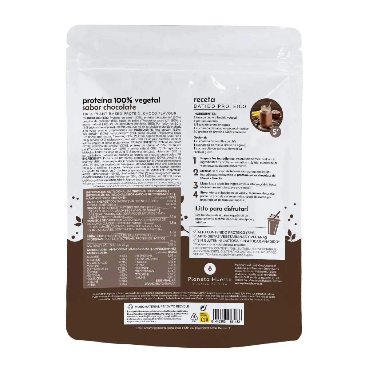 PLANETA HUERTO | Proteína Vegana ECO 73% Chocolate 1 kg - Sin gluten, Sin lactosa ni aditivos - Para batidos, postres y yogures - Aminograma Completo, Aminoácidos Esenciales y Ramificados - Non-GMO