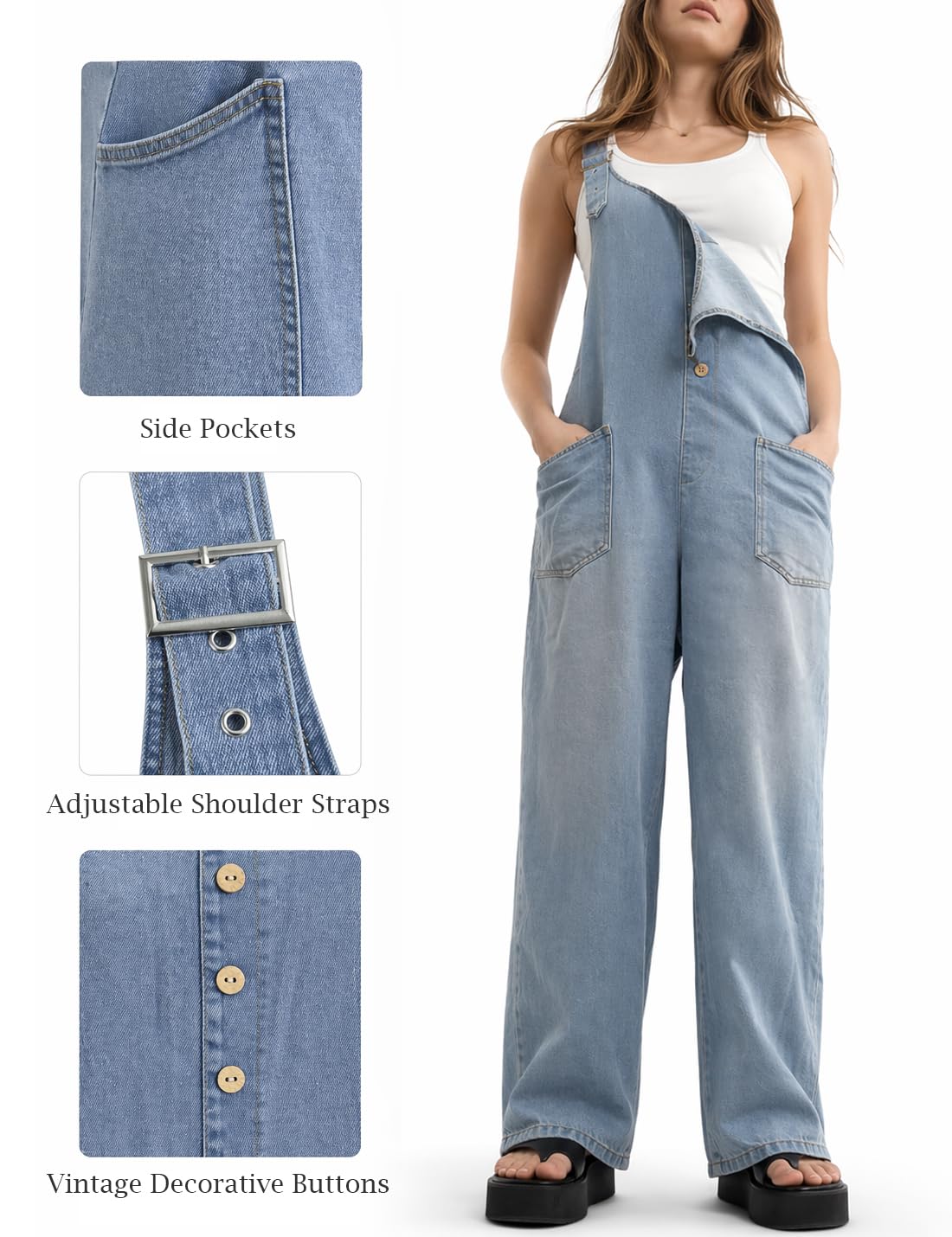 Salopette décontractée en jean pour femme avec bretelles réglables, boutonnière et pantalon sarouel