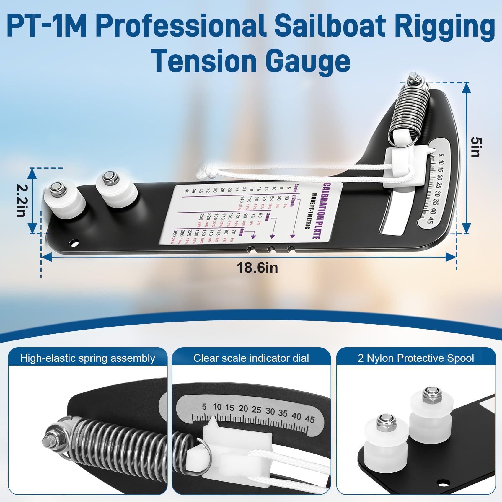 PT-1M - Medidor de tensión profesional para aparejo de velero, medidor de tensión de aparejo de velero de precisión para cuerda de alambre y aparejo de pie, afinar con precisión cables de aparejo de