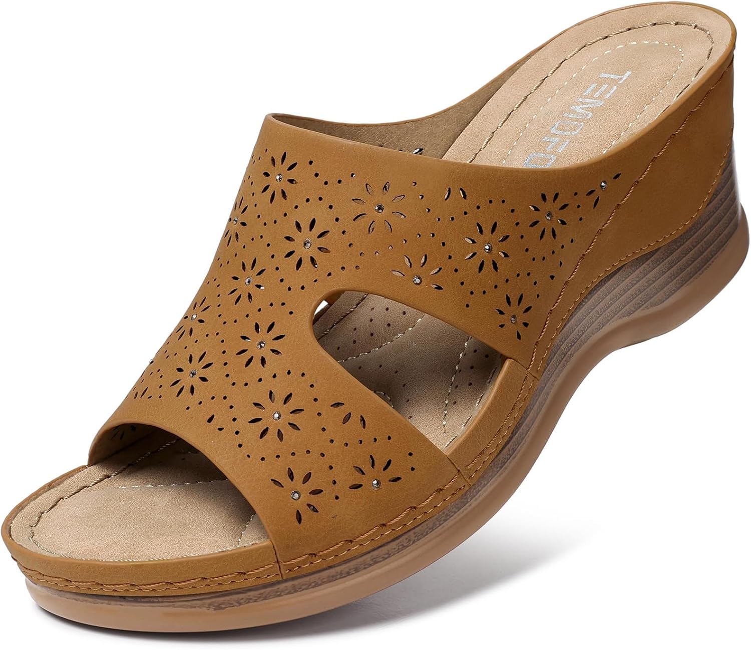 TEMOFON Women Wedge Sandals Dressy: Soft Leather Sandal, Rubber Sole, Comfortable Walking, Casual Slip on Summer Sandals