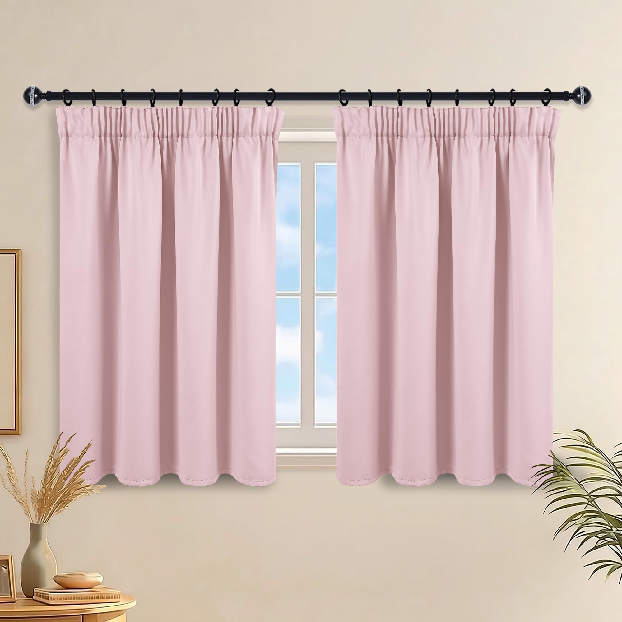 DWCN Pencil Pleat Thermal Blackout Curtains Pink Drapes W36 X L40 Inch-Light Blocking Window Treatments Decoration for Bedroom, Basements, Caravan, Kitchen, Elegant Short Valance Panels 2 Panels