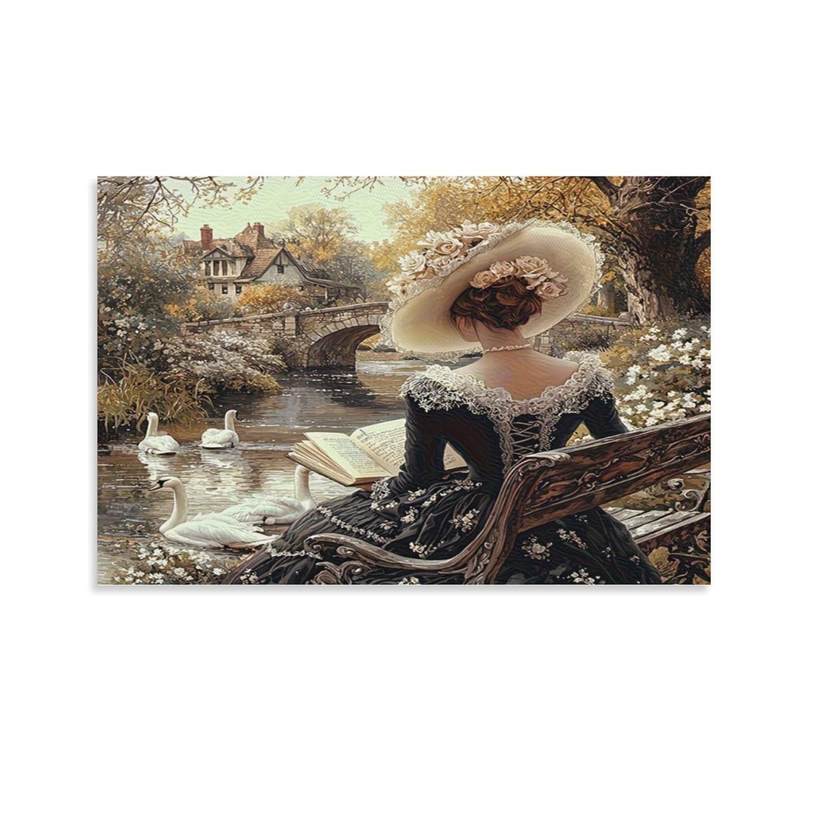 CPLVKWRQJ Victorian Lady Reading Individual Victorian Lady Reading by River Canvas Print - Bedroom Canvas Painting Easy to Clean Statement Piece Decor 20x30inch(50x75cm)