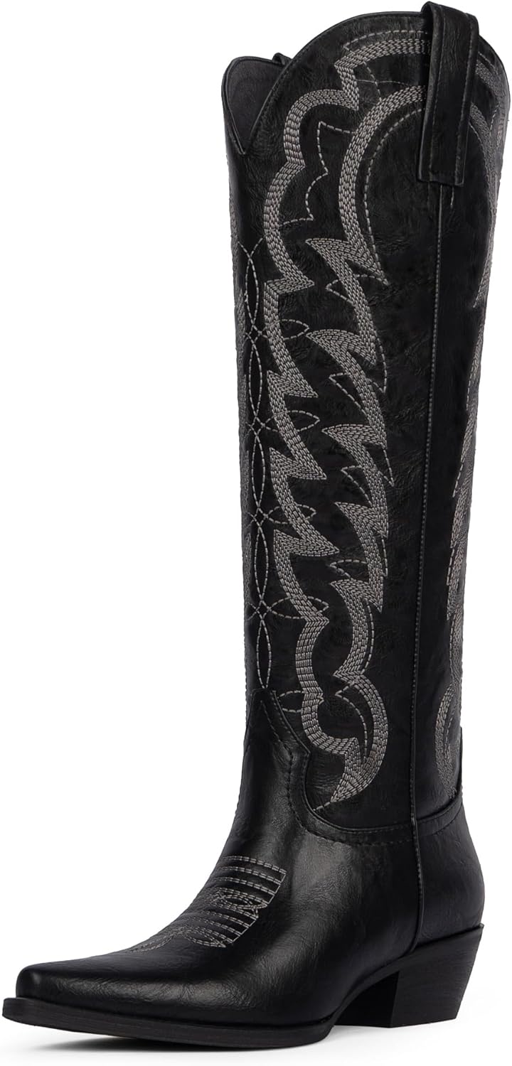 Modatope Cowboy Knee High Boots for Women Pointed Toe Chunky Heel Embroidered Wide Calf Cowgirl Boots Women Pull on Western Boots
