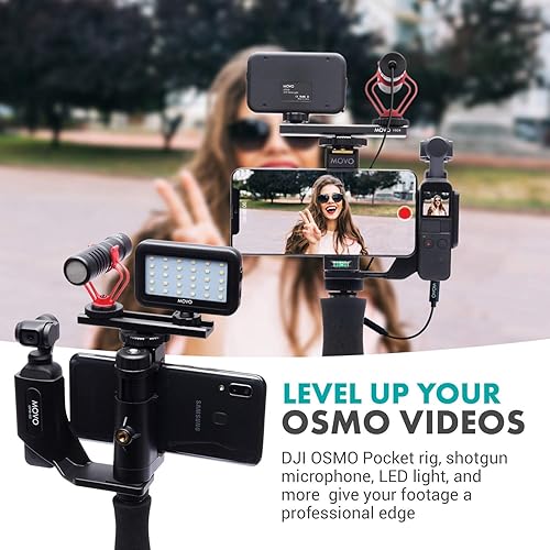 Miniatura 5 de Movo Micrófono de video para cámara con estabilizador, luz y divisor de zapatos, compatible con DJI OSMO Pocket 1, 2 - Kit de vlog incluye micrófono