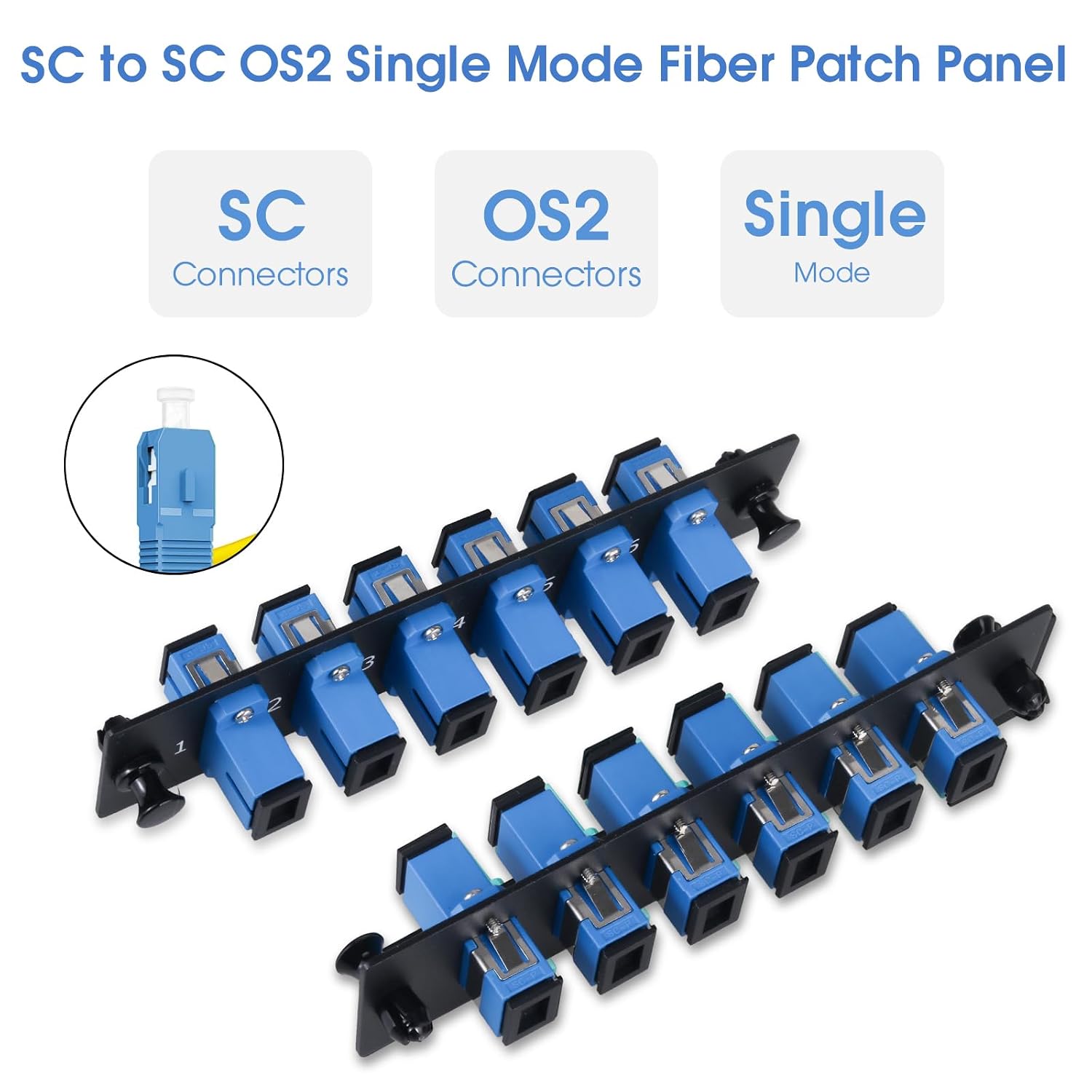 6 Simplex SC/UPC Fiber Patch Panel with Simplex Singlemode Blue SC Adapters, 6 Fiber Ports (2-Pack)
