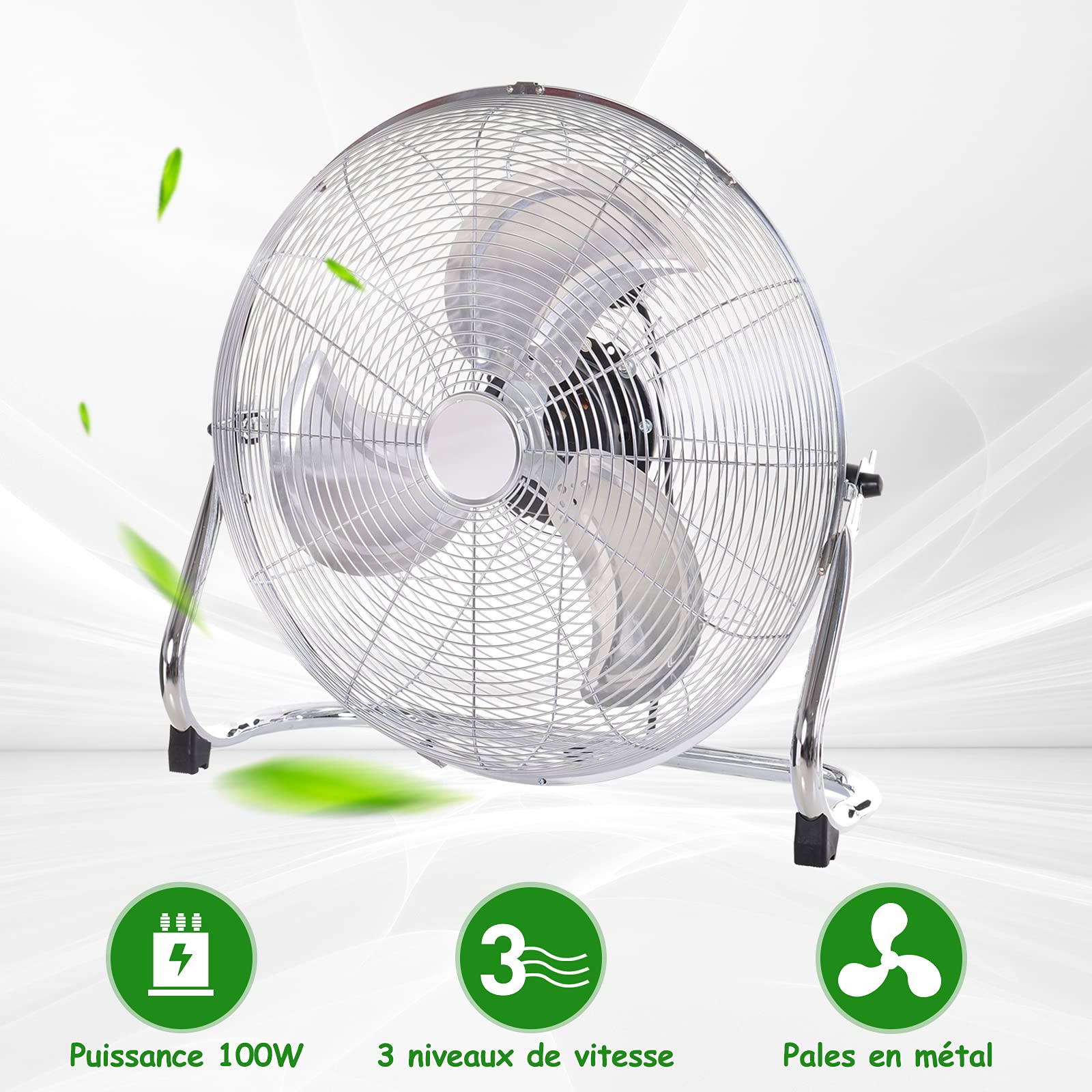 HOMCOM Ventilateur de Sol Ø51 cm Ventilateur Industriel sur pied 100 W avec 3 vitesses et inclinaison réglable à 120° en Métal pour chambre bureau Argenté