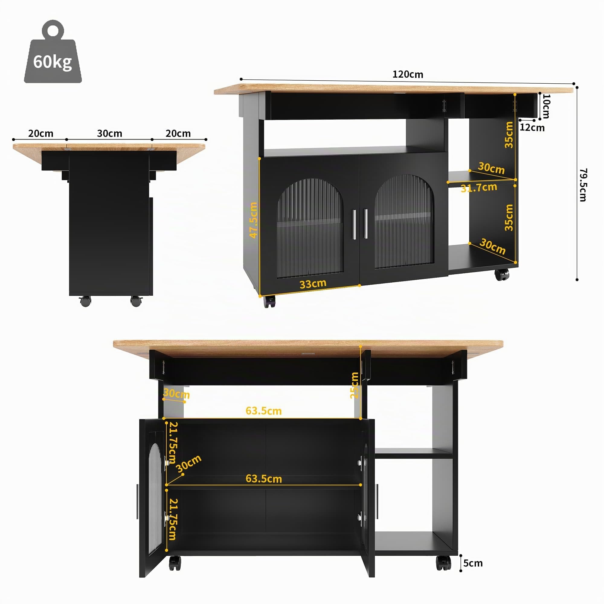 Sweiko Îlot de Cuisine Multifonction avec Rangement, Meuble de Rangement Design en MDF, Étagères Ouvertes et Placards Fermés, Mobilité avec roulettes pour Salon, Cuisine ou Salle à Manger (Noir+Bois)