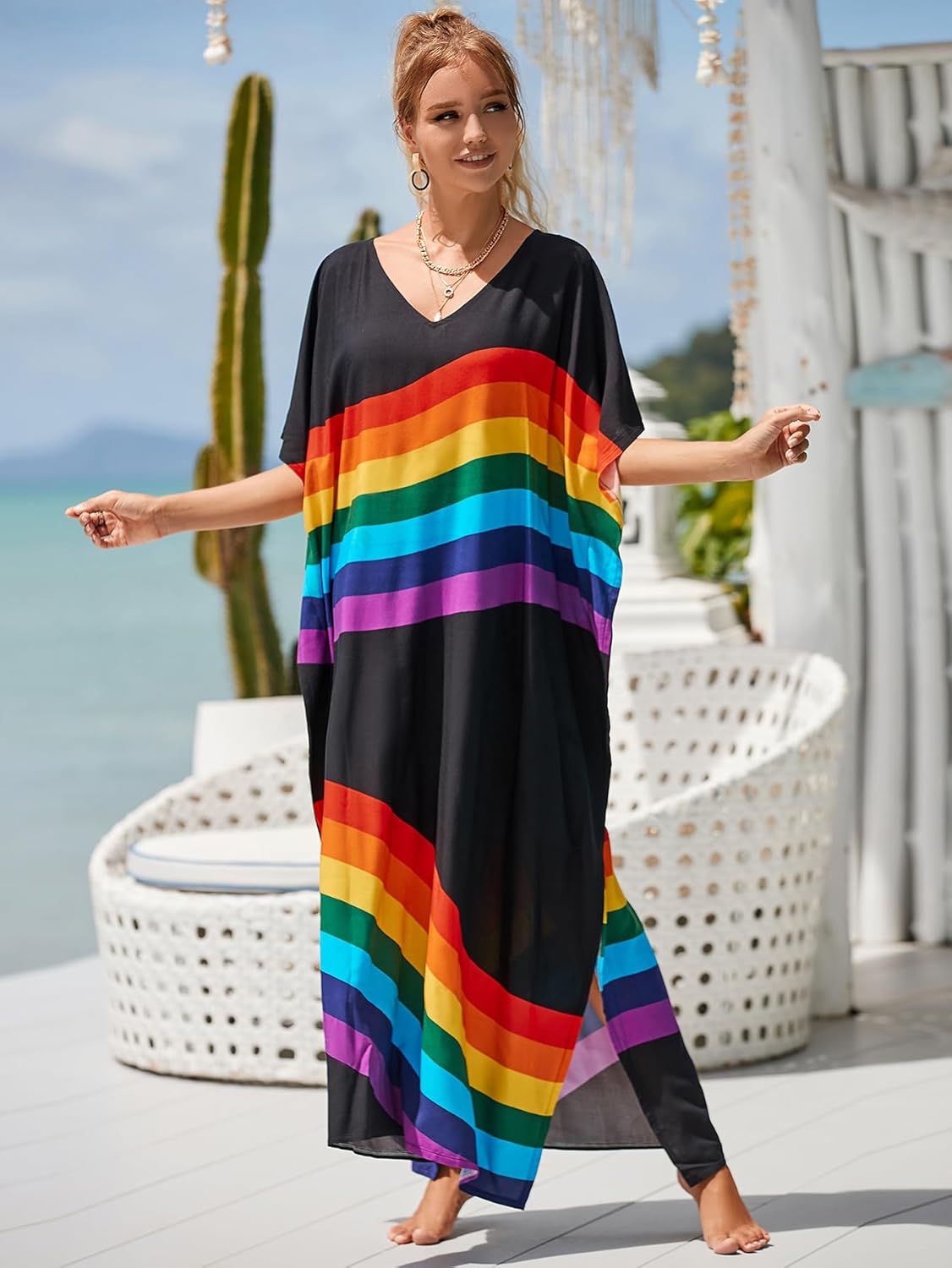 Kaftan Dresses for Women Plus Size Bathing Suit Cover up Vneck Batwing Dress Loose fit Moroccan Caftan mumu Dresses - Image 2