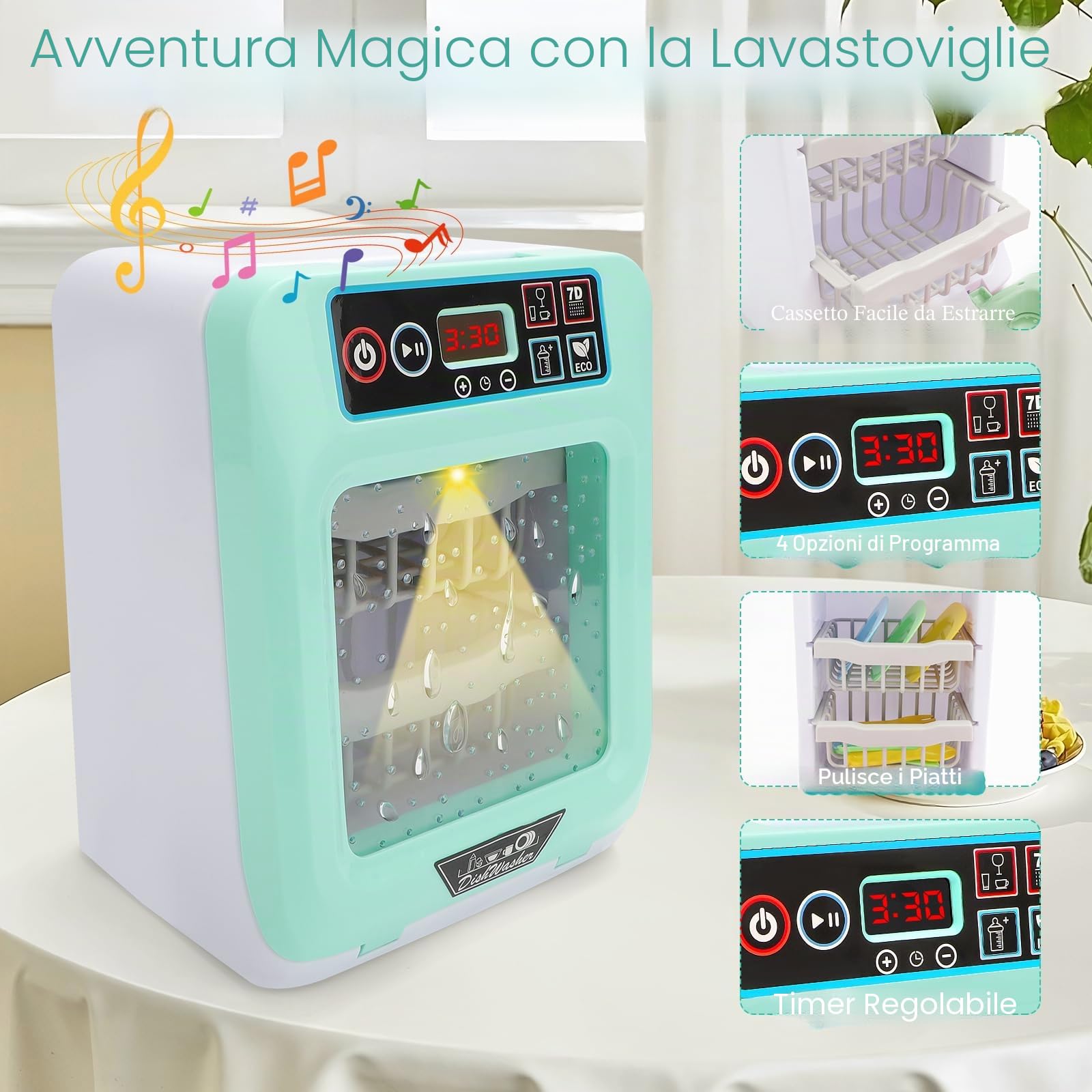 deAO Cucina Giocattolo per Bambini, Set da Gioco per Lavastoviglie con Varietà di Accessori e Funzioni Realistiche, Luci e Suoni Inclusi, Giocattolo per Bambini | Blu