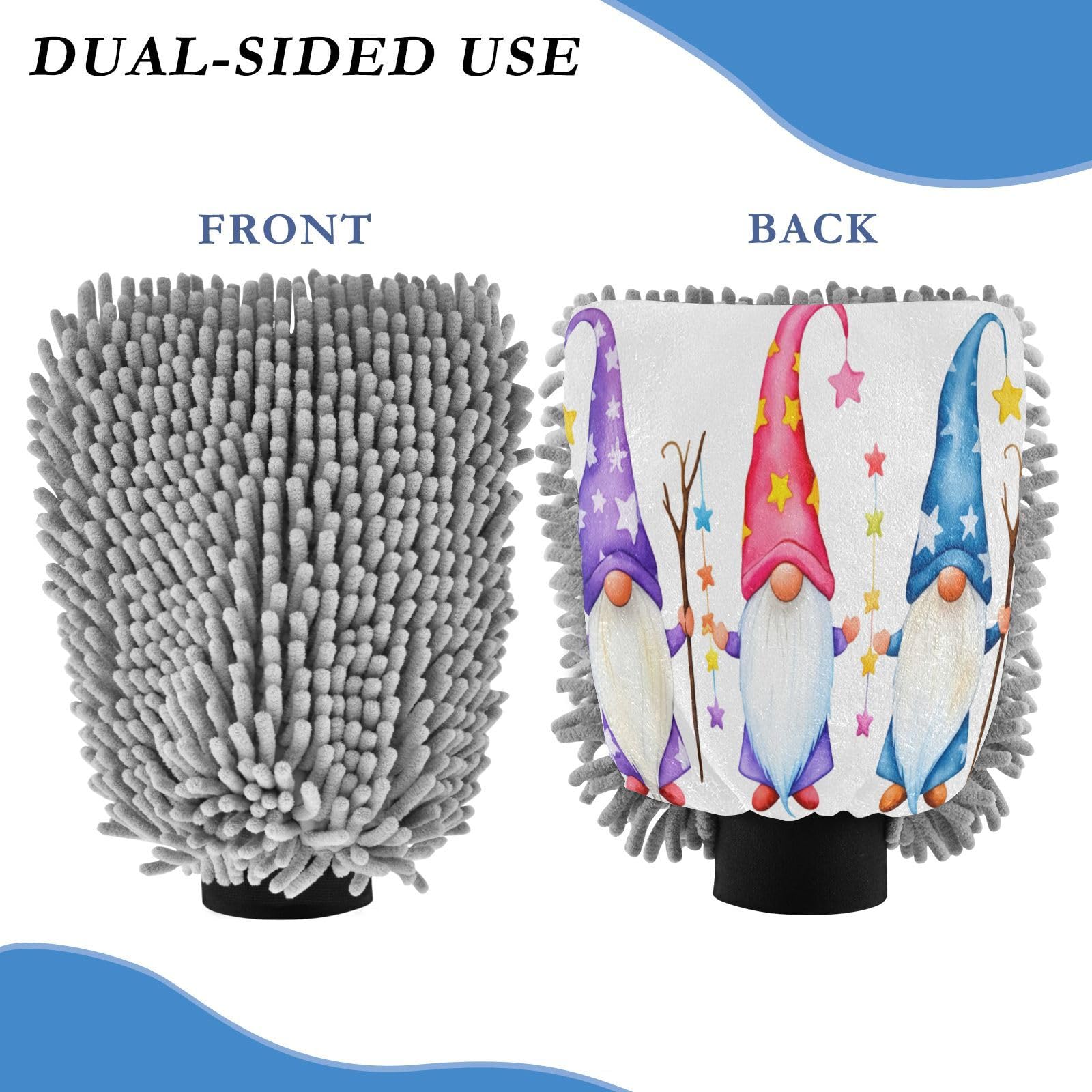 Kigai Three Cute Gnomes Car Wash Mitt Microfiber, 2Pcs Scratch Free Lint-Free, Premium Chenille Microfiber Mitt Car Wash Brush-M
