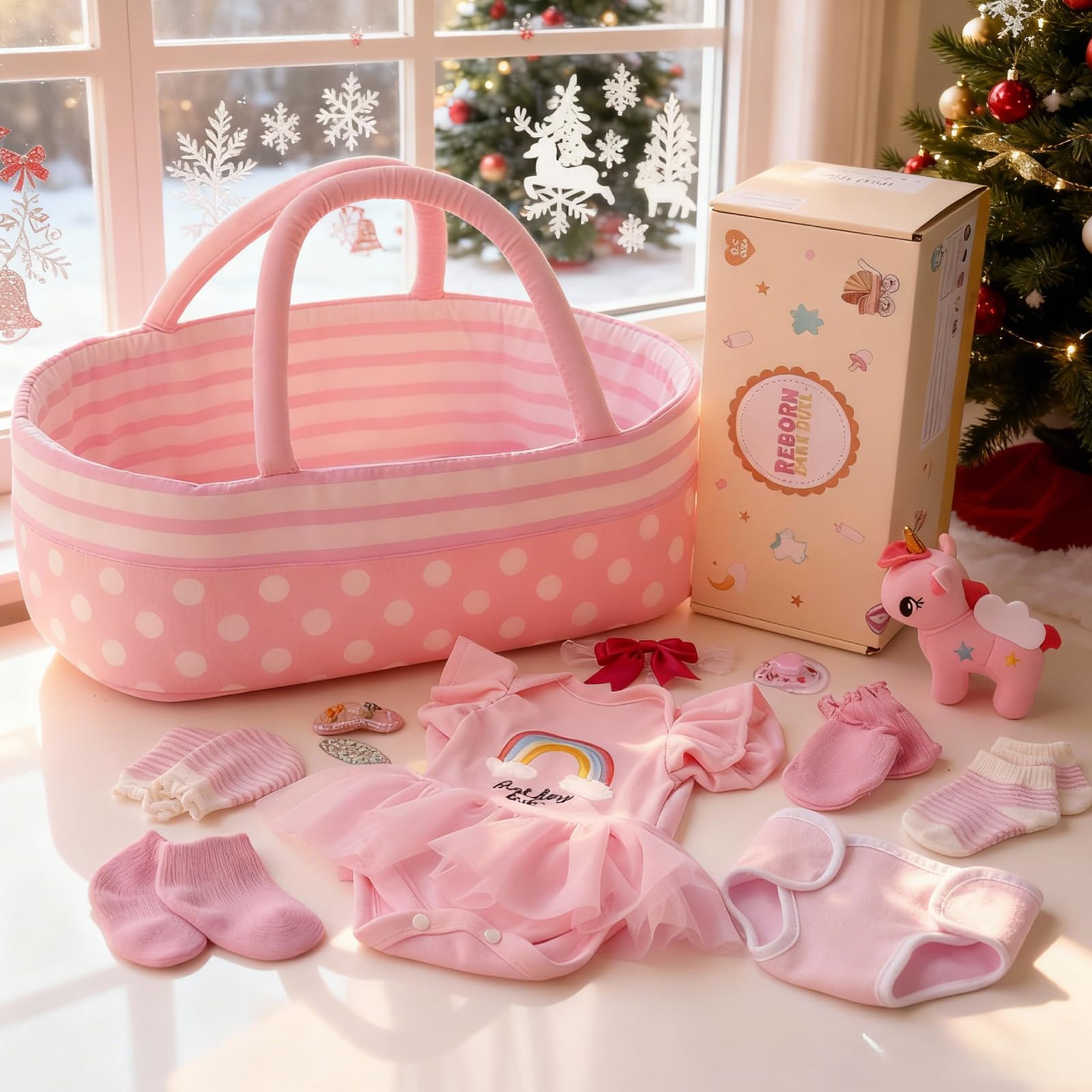 BABESIDE Reborn Baby Doll Accessories for 17–22 Inch Dolls,13 Pcs Baby Doll Clothes and Pony Gift Set Includes Bassinet, Onesie, Pacifier, Bottle,