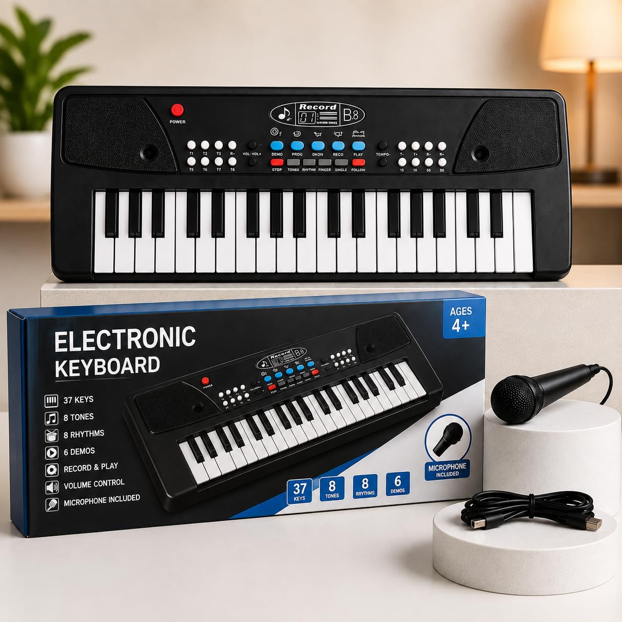 MOCKING BIRD Kids 37-Key Piano Keyboard with Microphone – Portable Electronic Musical Toy with 8 Rhythms, 8 Tones, 6 Demo Songs & Recording Function for Boys & Girls 2–8 Years-image-16