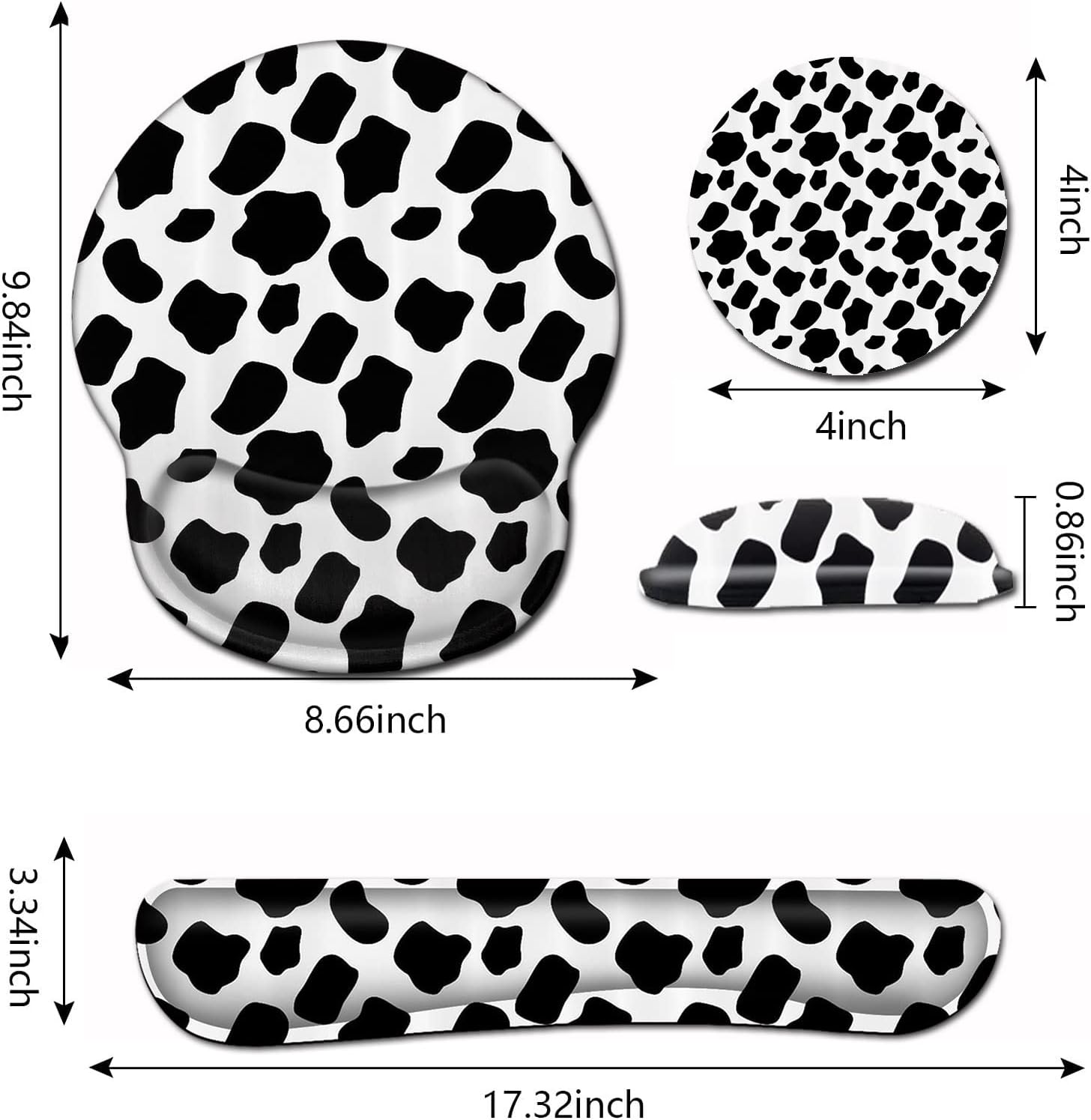 Wireless Mouse Pad with Wrist Support, Ergonomic Gel Mouse Pad, Keyboard Wrist Rest, Soft Memory Foam Keyboard Wrist Pad for Office Typing Desk Pad, Black and White Cow Pattern Animal Gaming Mousepad