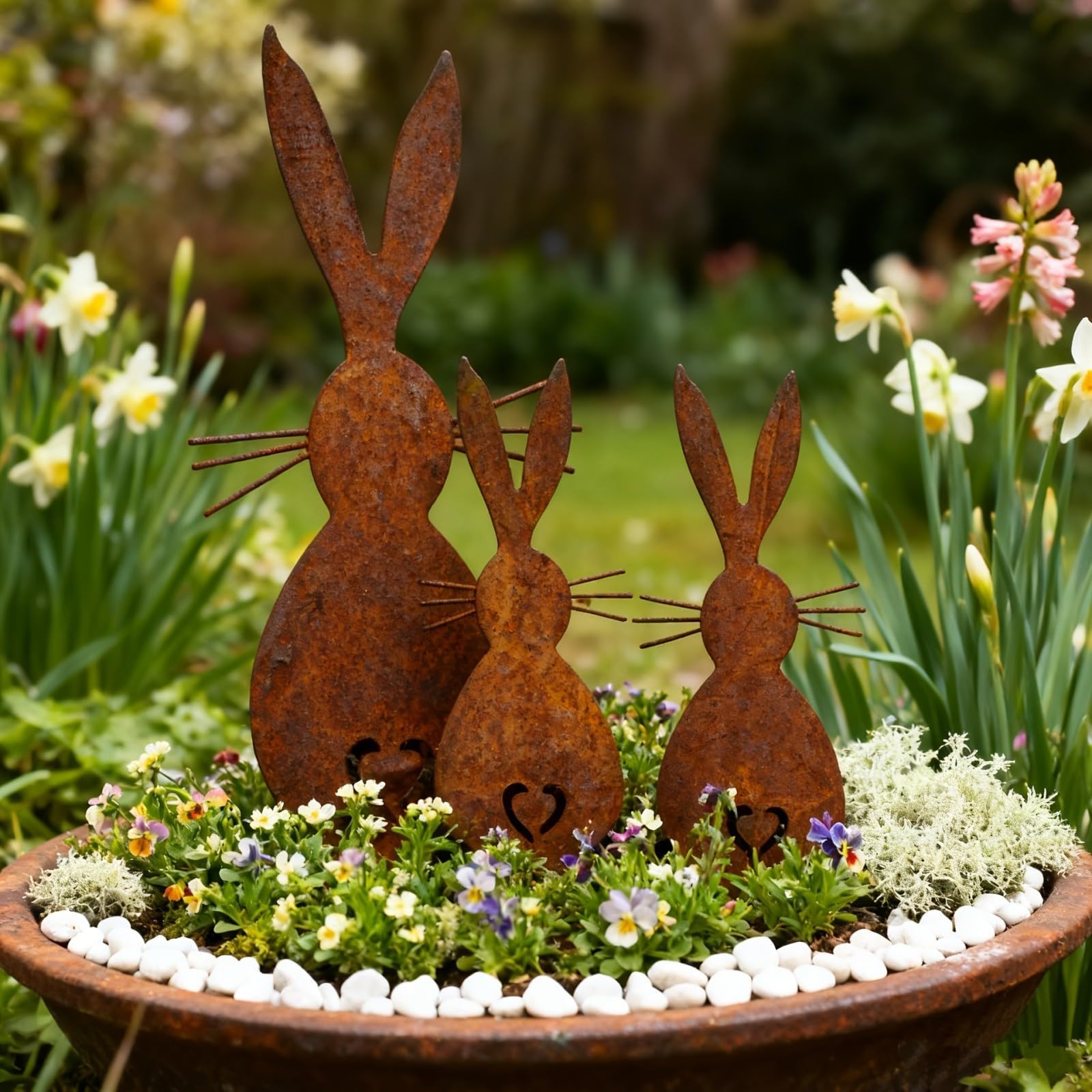3-Pack Rustic Metal Rabbit Garden Stakes, Weathered Rust Finish with Heart Cutout, Suitable for Easter Accents