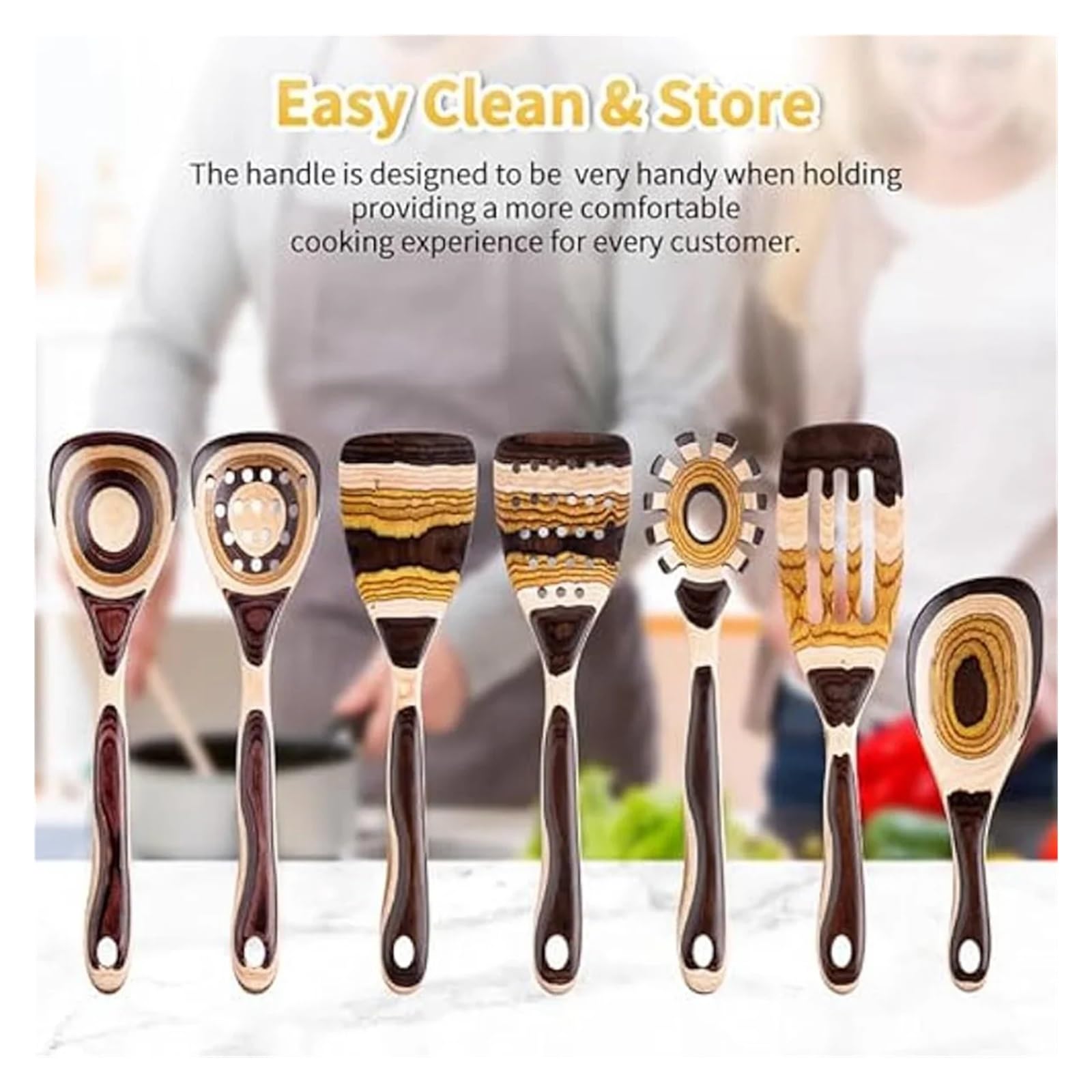 Juego de 7 utensilios Pakkawood ecológicos con cuchara de madera for cocinar.