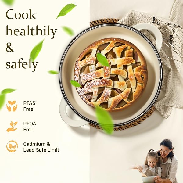 Overmont Olla de Hierro Fundido Esmaltado - Cacerola Holandesa Redonda Ø26 CM con Tapa - Dutch Oven Antiadherente para Guisar Cocinar Hornear - Cazuela Aptas para Inducción - 5,2L Blanco - 2