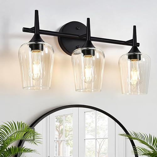 Lámparas de baño de 3 luces actualizadas 2025, luces de tocador negras para baño con vidrio transparente, accesorios de iluminación de baño de 19.5