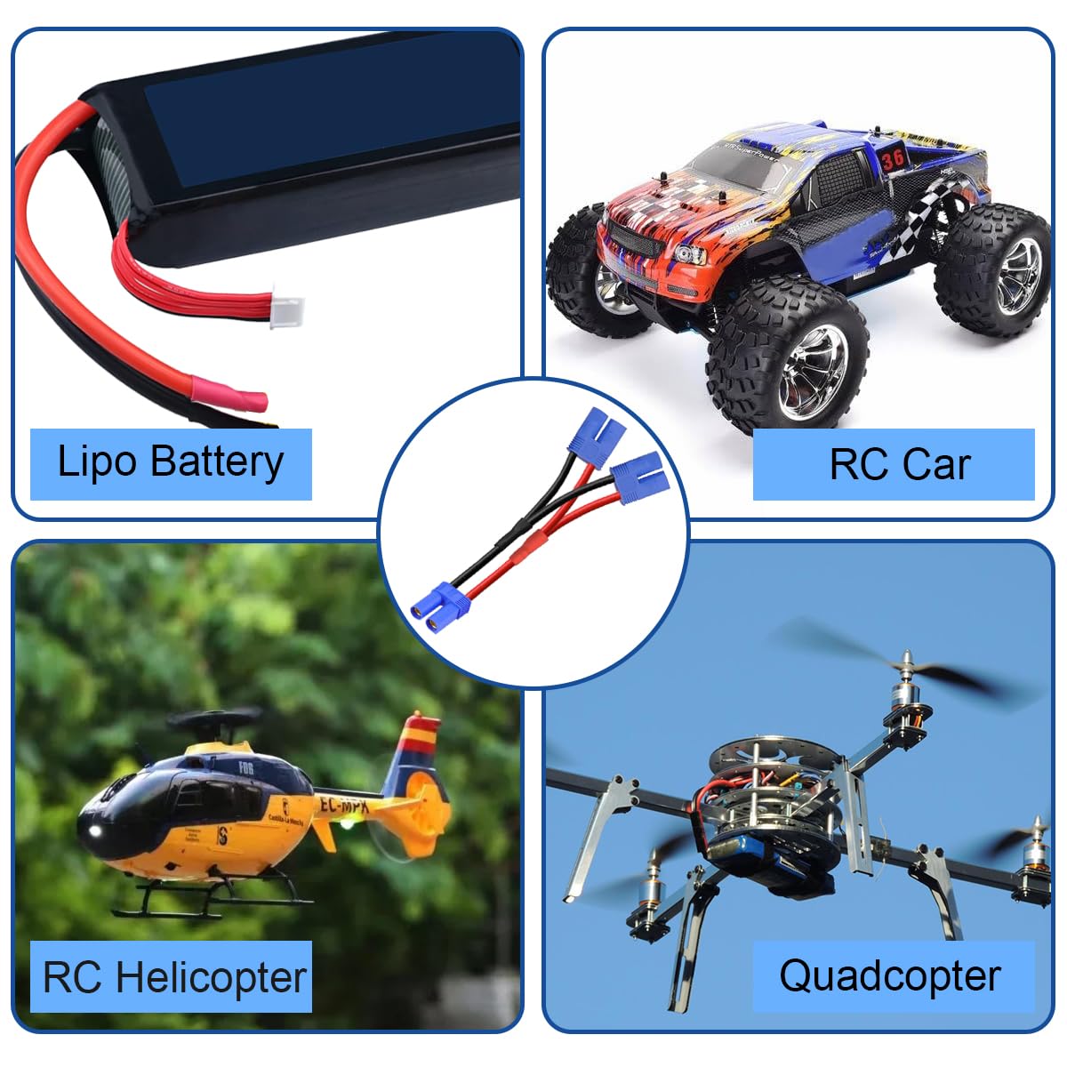 Xiatiaosann Cavo connettore parallelo EC5 da 3 pezzi, cavo per pacco batteria parallelo EC5, adattatore da 1 femmina a 2 maschi, per batteria Lipo RC, aereo FPV, quadricottero