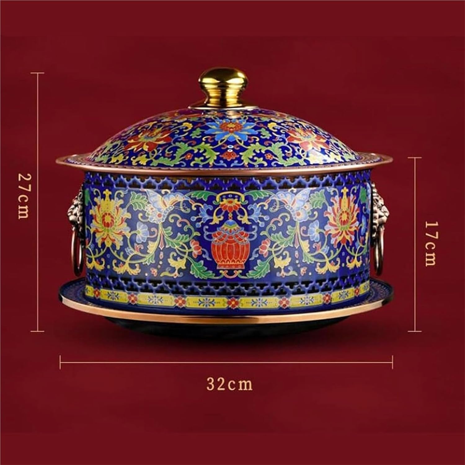 Hot Pot Cloisonné Copper Hot Pot ，Chinese Hot Pot,Copper Hot Pot,Chinese Traditional Alcohol Old Hot Pot Scald-Resistant Handle ，Suitable Parties, Gatherings, Households, And Commercial Use，Red(Red)