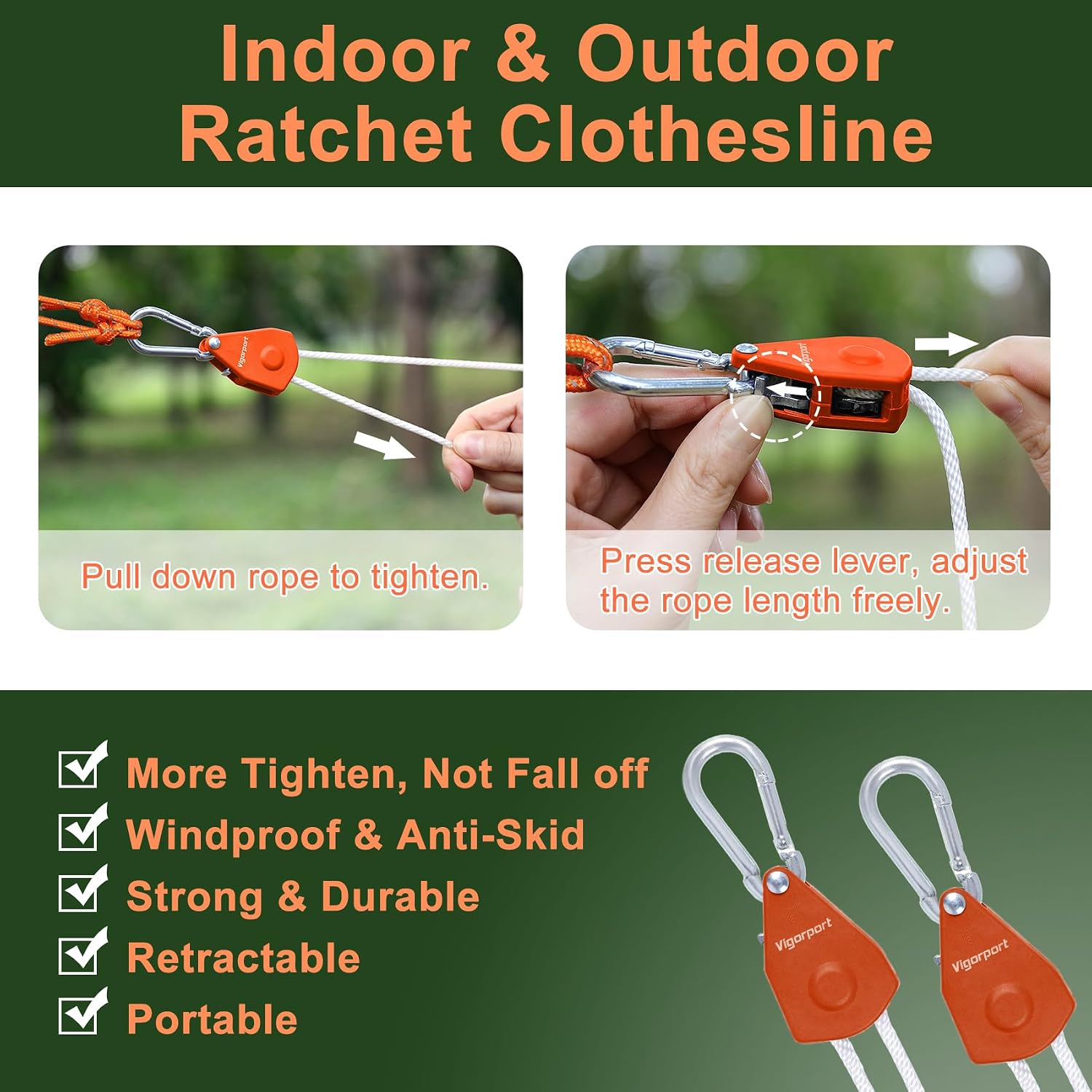 Vigorport Retractable Travel Clothesline, Heavy Duty Clothes Laundry Line with Dual Pulley & Windproof Clips, Portable Drying Rope for Outdoor Camping Cruises, Indoor Backyard