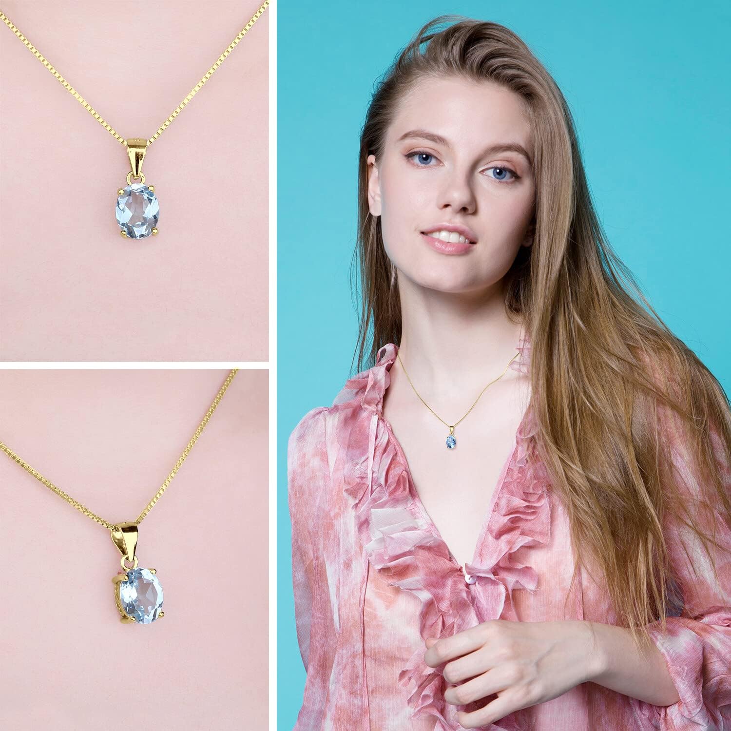 JewelryPalace Natural Gemstone Garnet Peridot Amethyst Citrine Blue Topaz Birthstone Solitaire Pendant Necklace Jewelry Set, 14k Gold Plated 925 Sterling Silver Necklaces for Women, 18 Inch Box chain