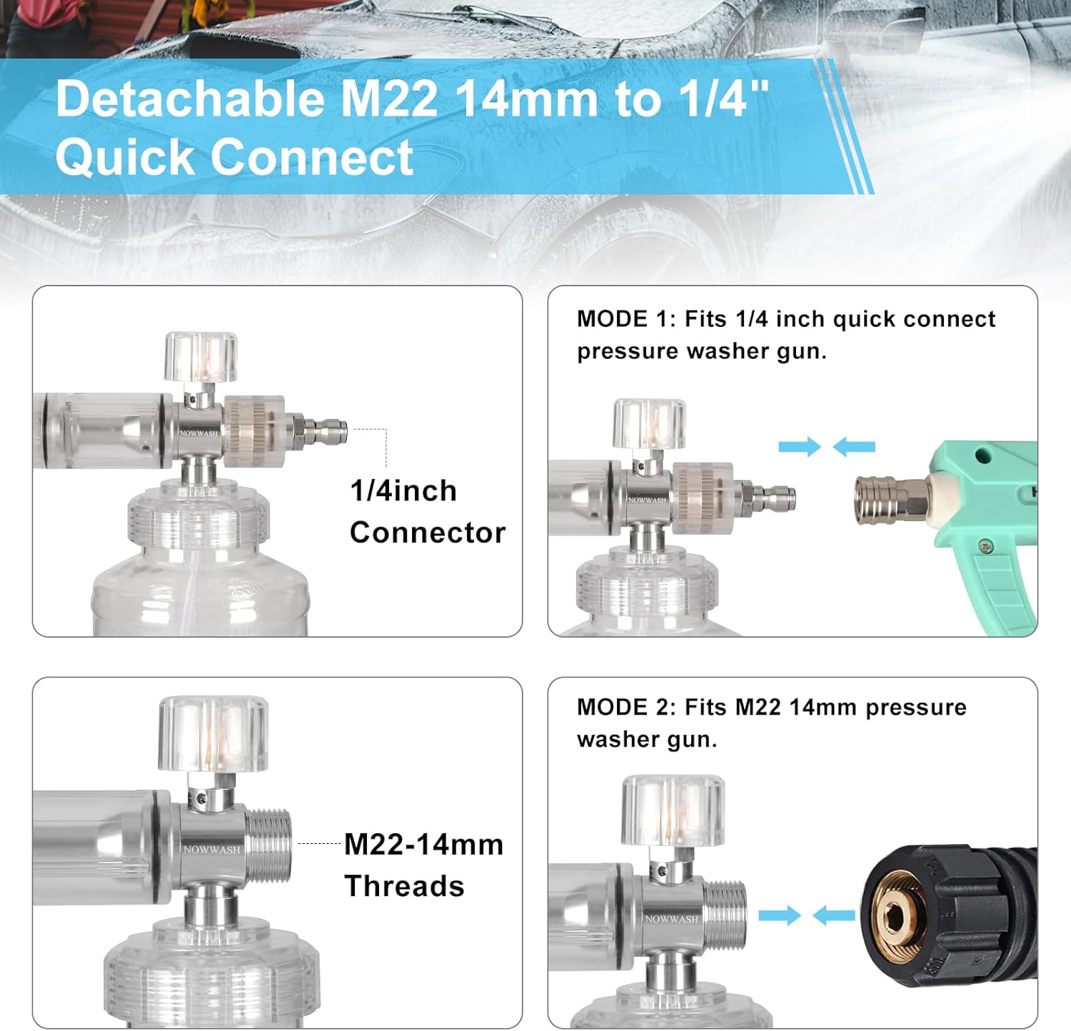 Foam Cannon for Pressure Washer, 1L Adjustable Spray Bottle with 1/4 Quick Connect Stainless Steel Nozzle Wide Mouth Design for Car Motorcycle Driveway Cleaning