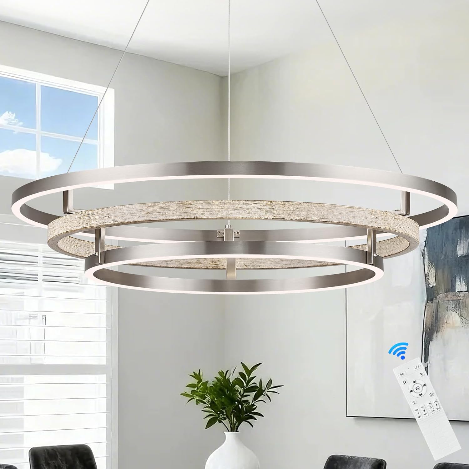 3 Ring LED Chandelier Nickel Round Chandelier Light Fixture 31in Dimmable Modern Entry Chandeliers Weathered Wood Circular Light for Foyer Dining Room Bedroom Office Living Room
