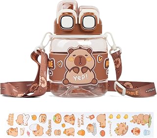かわいいウォーターボトル、カピバラウォーターボトル、ストロー付き、Tritan(トライタン)BPAフリー、かわいいカピバラウォーターボトル、ストラップとステッカー付き、漏れ防止。男の子、女の子、アウトドア、旅行、キャンプに 26オンス