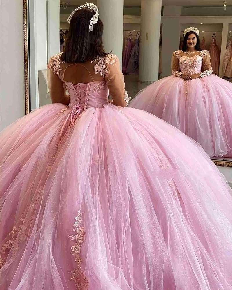 Pink Ball Gown Quinceanera Dresses Vintage Sheer Neck Long Sleeves Illusion  Sweet 15 Party Dress, Pink, 4 : Amazon.ca: Clothing, Shoes \u0026 Accessories