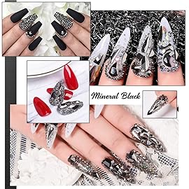 qiipii Mine Black Nail Rhinestones Multi Shapes Metallic Black Rhinestones for Nails Flatback Nail Gems K9 Glass Round Beads Stones Diamonds Nail Charms Art for Nails Faces Eyes Makeup Crafts DIY