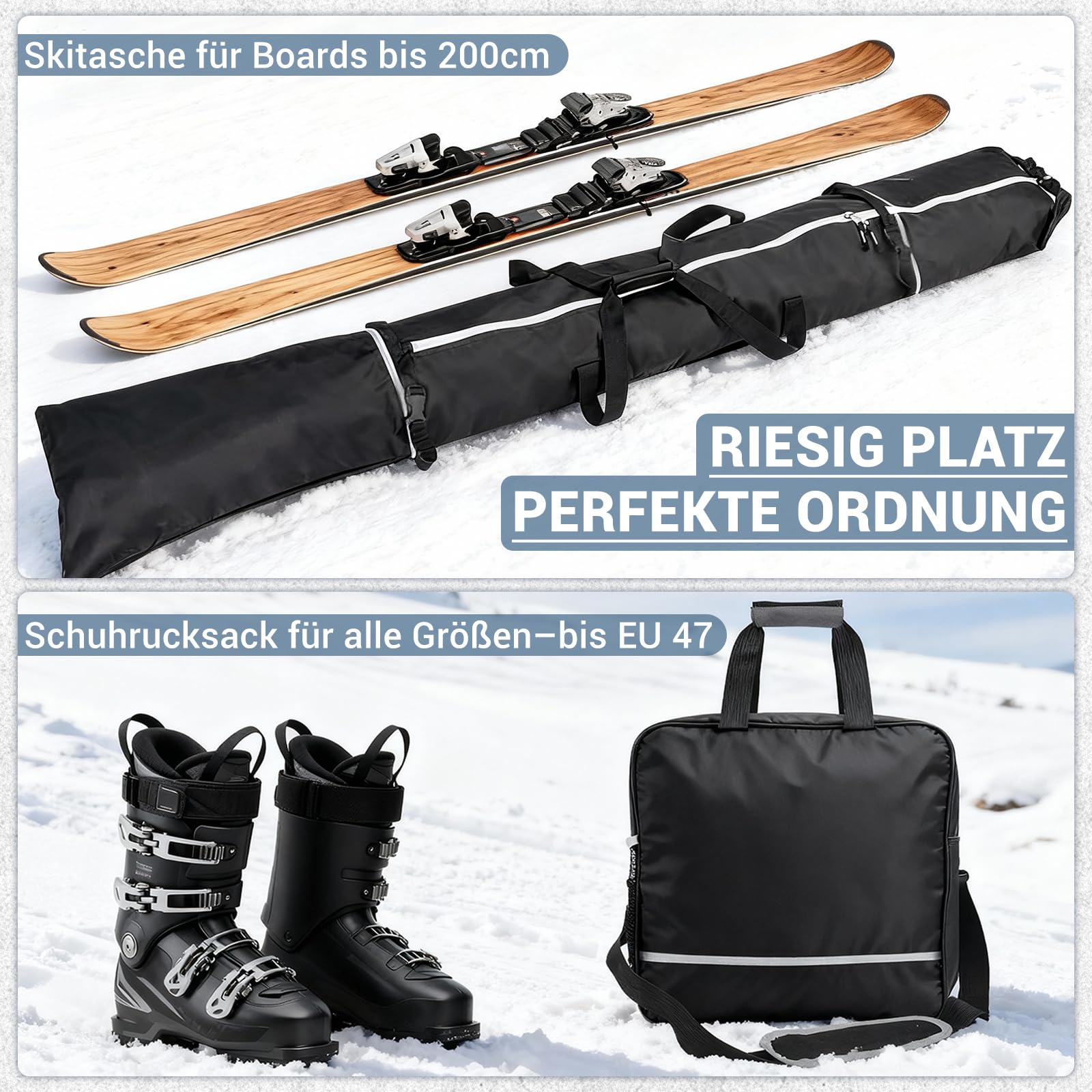 Sac de transport de ski imperméable avec sac à dos pour chaussures de ski, sac de ski robuste noir avec bandes réfléchissantes pour les vacances de ski et les sports d'hiver