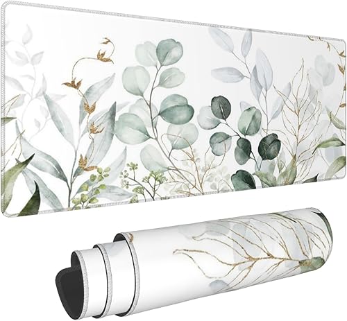 Alfombrilla de mouse grande extendida con hojas y ramas de color verde dorado grande, alfombrilla de mouse para juegos XL, 31.5 x 11.8 pulgadas de