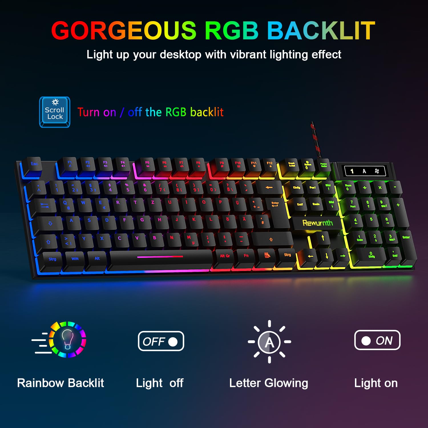 Set tastiera e mouse da gioco con cuffie, QWERTZ DE, tastiera illuminata RGB, mouse da gioco a LED, 4 colori, cuffie over-ear, grande tappetino per mouse, cavo USB per PC Mac PS5 Xbox