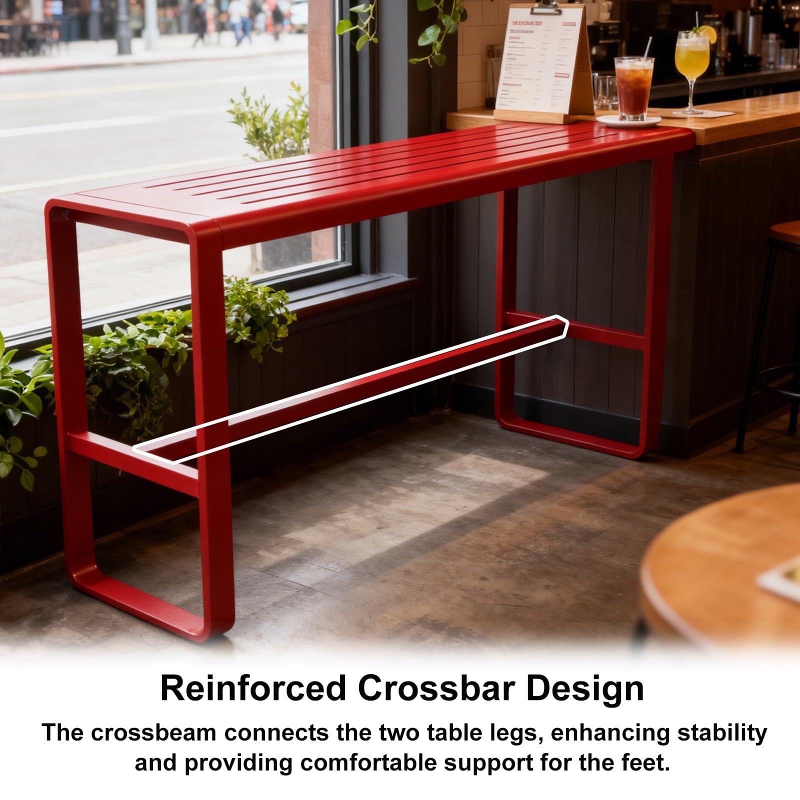 FQMYLTYN Table de Bar Rectangulaire D'extérieur, Table Console de Hauteur Comptoir, Plateau à Lattes Imperméable, pour Balcon ou Piscine, Capacité de Charge 150kg(Red,140cm/55in)