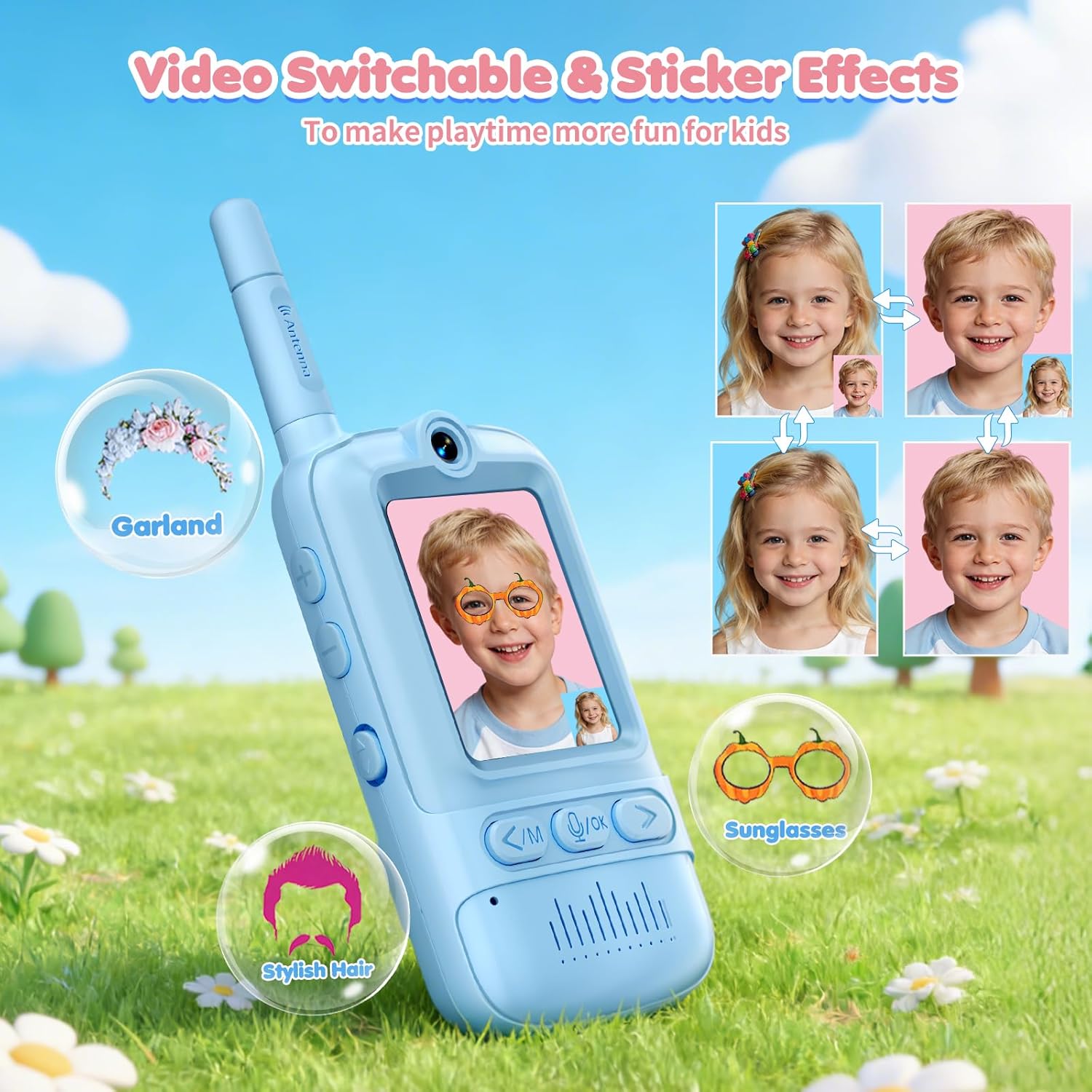Video Walkie Talkies for Kids, 2 Pack Rechargeable Video Intercom Kids Walkie Talkies, Long Range Two Way Radio with 4 Voice Effects, Kid Indoor Outdoor Toys Birthday Gift for Age 3-12(Blue/Pink)