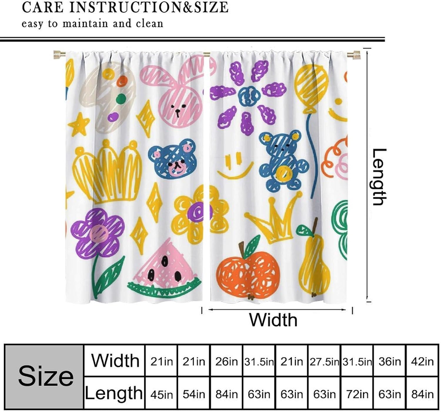 Kids Cartoon Curtains Cartoon Rabbit Bear Flowers Blackout Window Treatments for Kids Girls Toddler Bedroom Window Drapes 42" W X 63" L