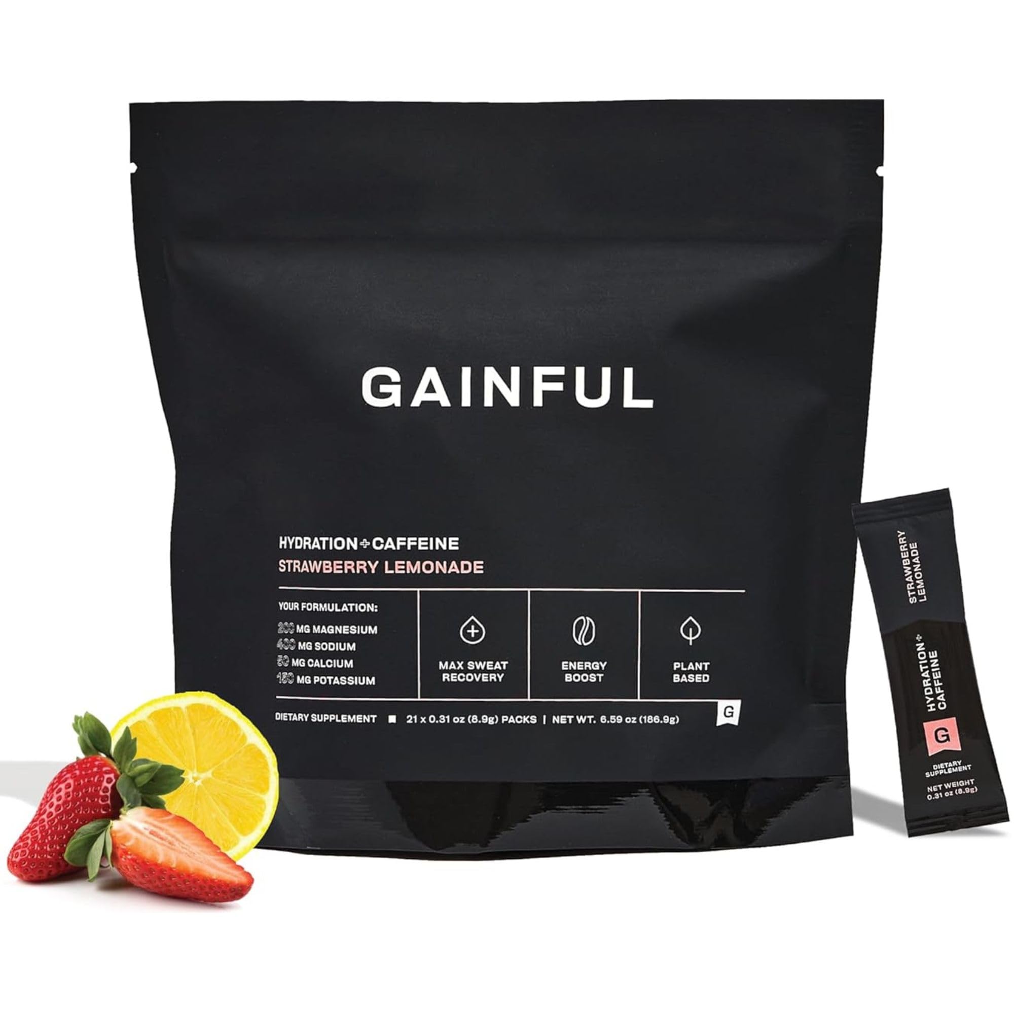 Gainful Hydration + Caffeine Powder Packets with Key Electrolytes Magnesium & Sodium + L Theanine, Low Sugar Drink Mix, Strawberry Lemonade, 21 Sticks