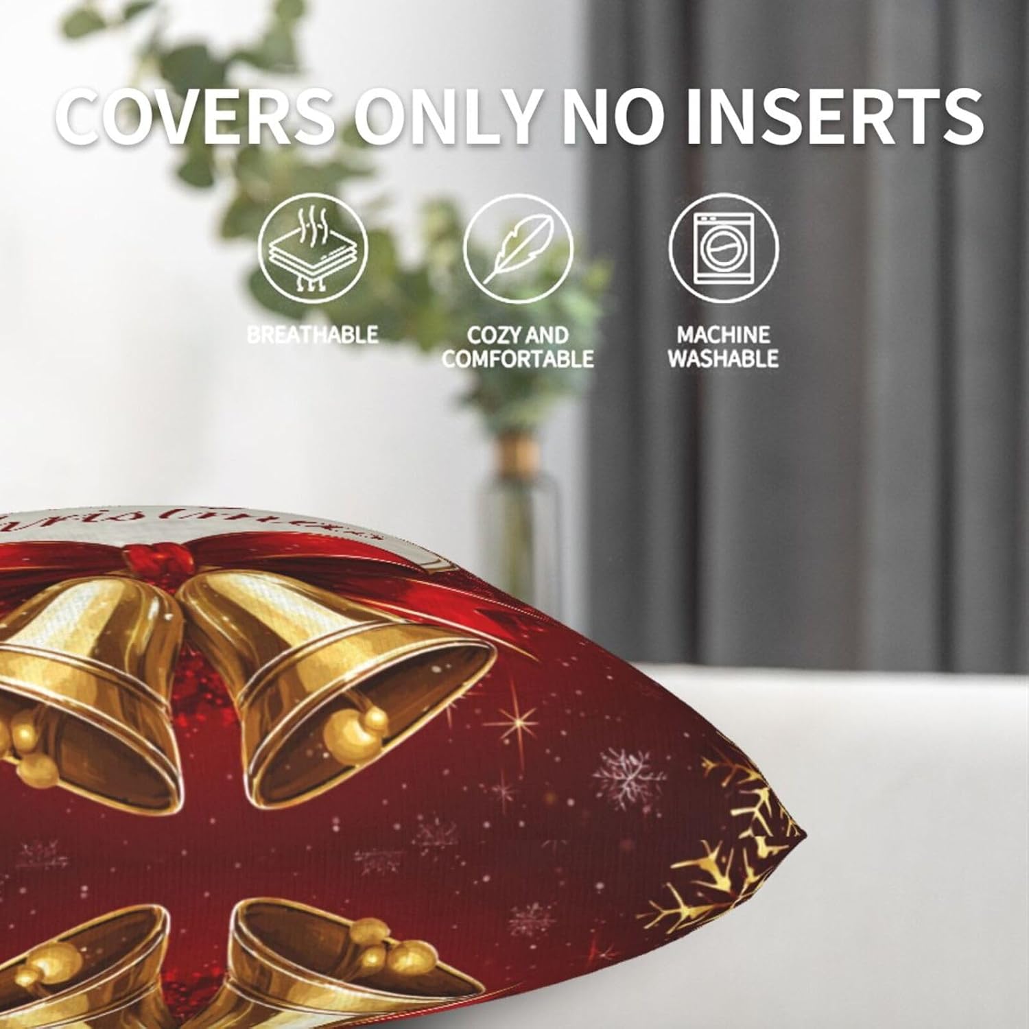Pillow Covers Christmas Bells Red Xmas Festive Decorative Throw Pillow Case with Hidden Zipper 18x18 Inch 2 Set Soft Two-Sided Print for Sofa Bed Couch Holiday Home Decor