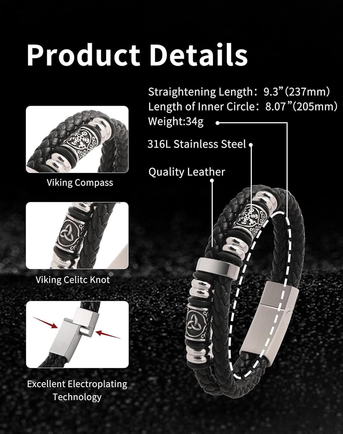 Mens Cuff Viking Bracelet - Celtic Knot and Compass 316L Stainless Steel Leather Bracelets for Men - Double Row Punk Jewelry - Image 6