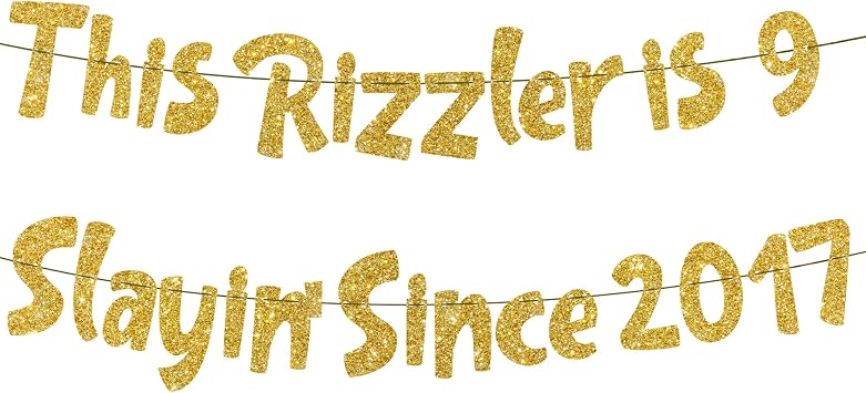 9th Birthday Decorations Party Banner - 2 Pcs Gold Glitter Pre-Strung This Rizzler Is 9 Slayin Since 2017 Banner Decoration for Boys And Girls Happy 9 Years Old Birthday Party Decor Supplies
